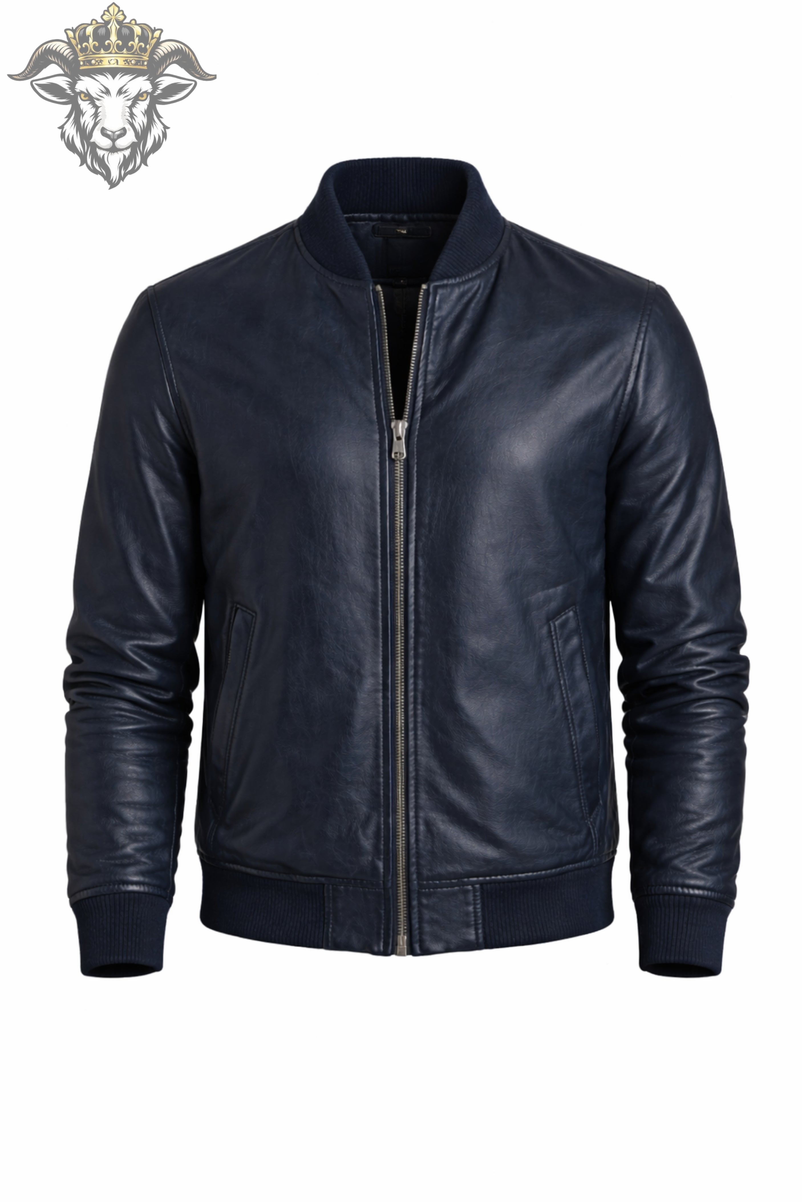 Men’s Navy Blue Real Leather Bomber Jacket