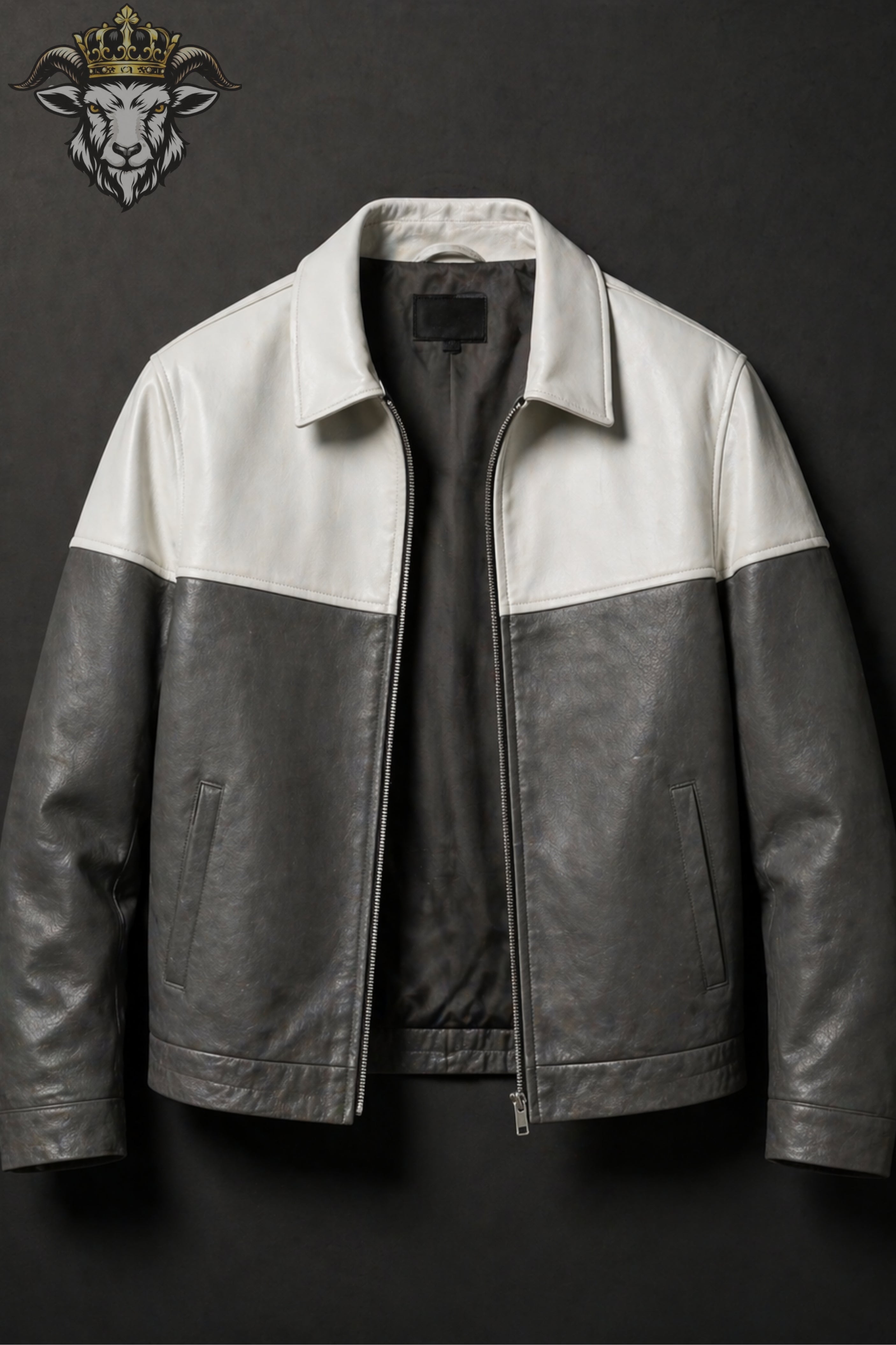Men’s Two-Tone(Grey/White) Oversize Real Leather Bomber Jacket