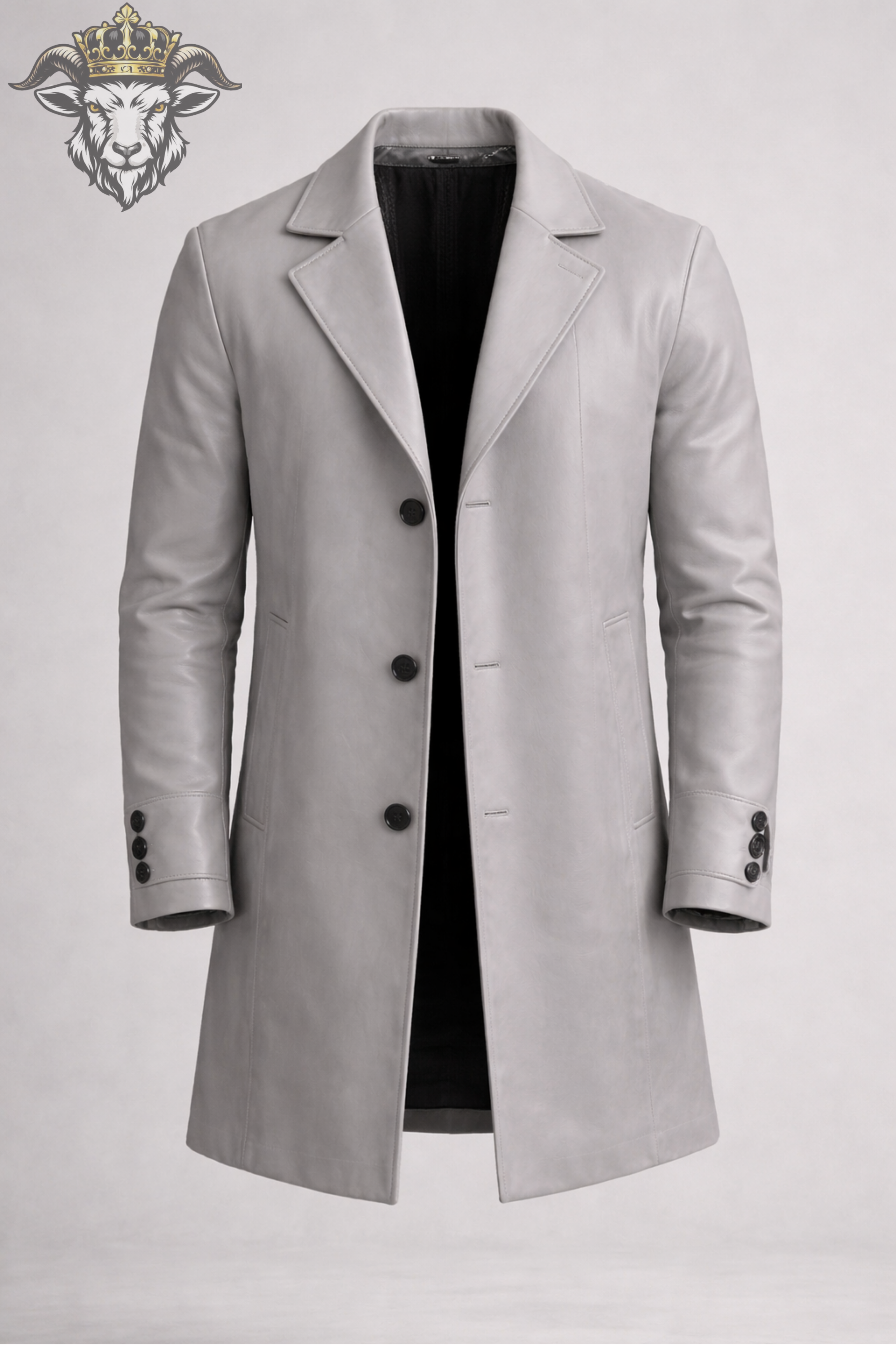 Men’s Light Grey Real Leather Coat – Mid-Thigh Premium Tailored Overcoat | Modern Slim Fit Jacket with Black Buttons
