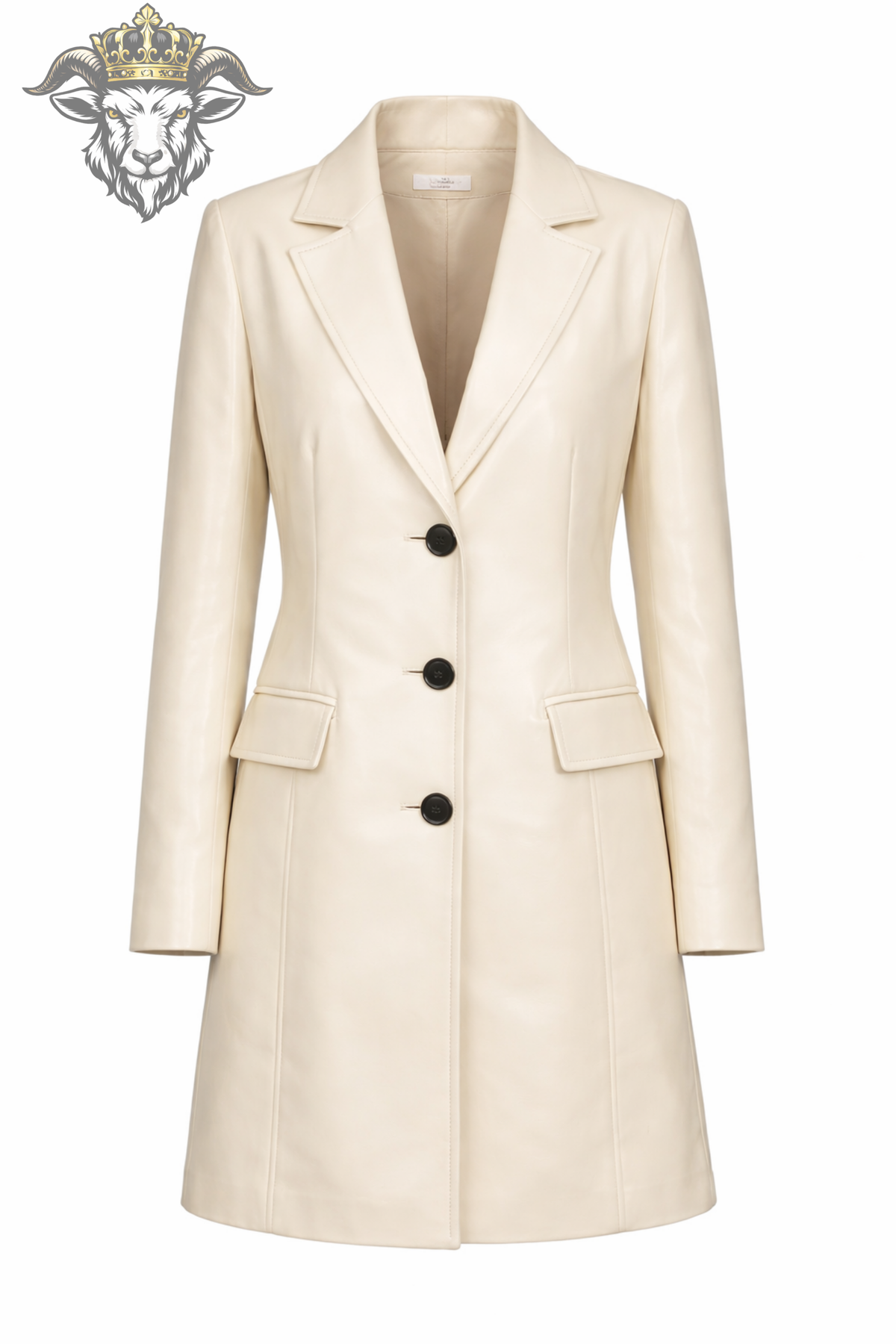 Women's Cream Real Leather Coat, Tailored Mid Length Blazer Jacket, Elegant Button Front Outerwear, Minimalist Chic Fashion Coat