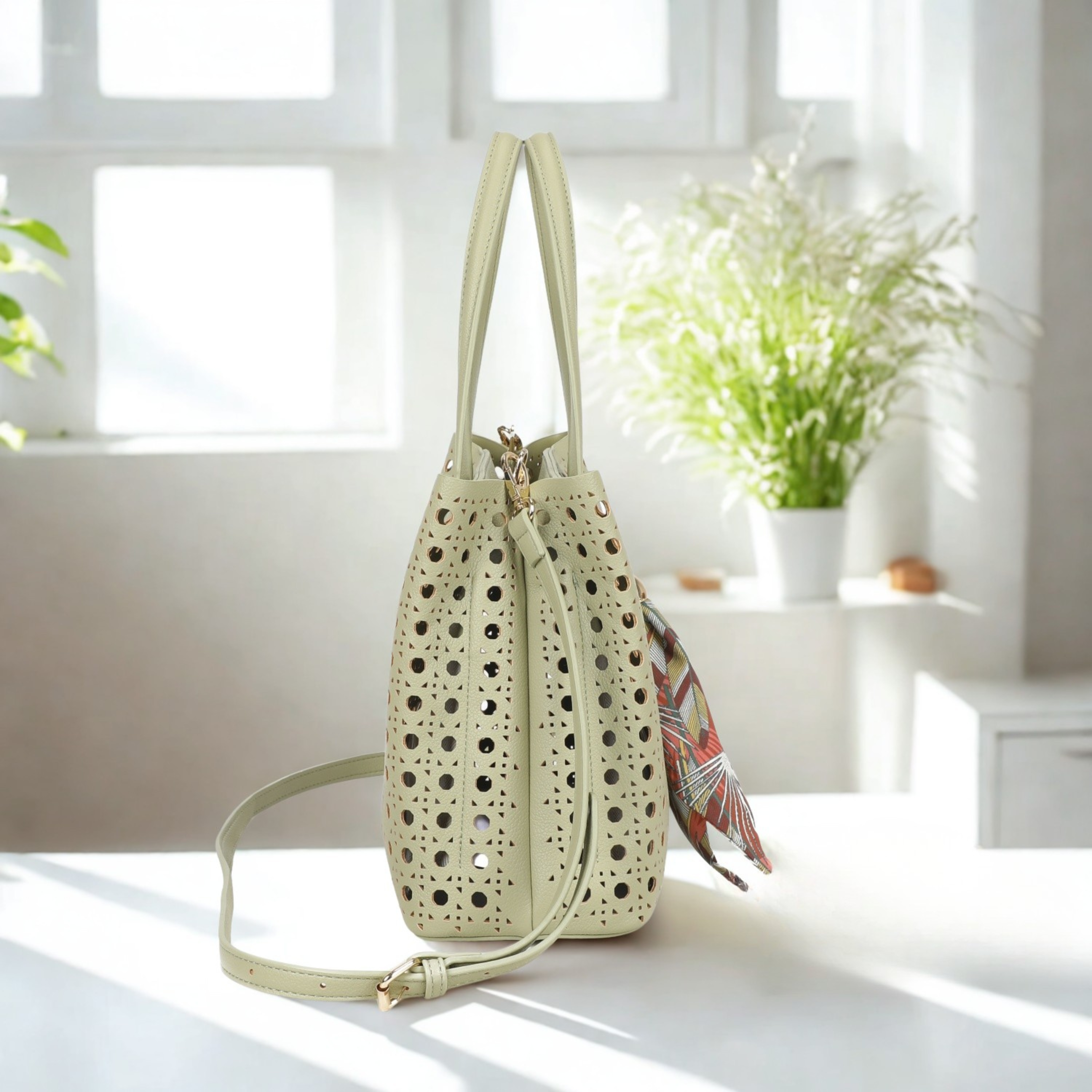 Women’s Laser Cut Tote Bag with Detachable Strap & Scarf Charm
