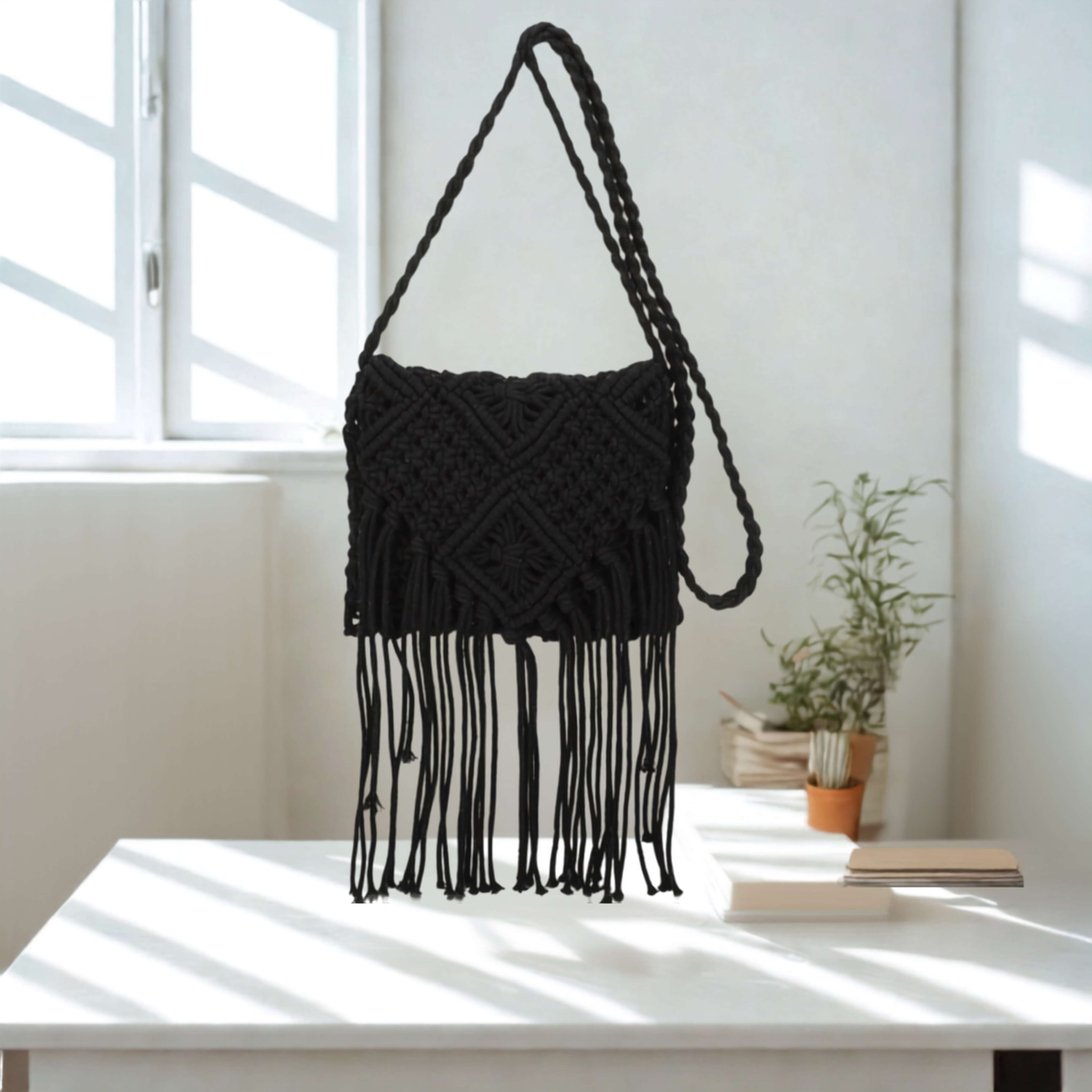 Women’s Knitted Crochet Shoulder Bag – Synthetic Top Zip Flap Crossbody Bag with Long Strap