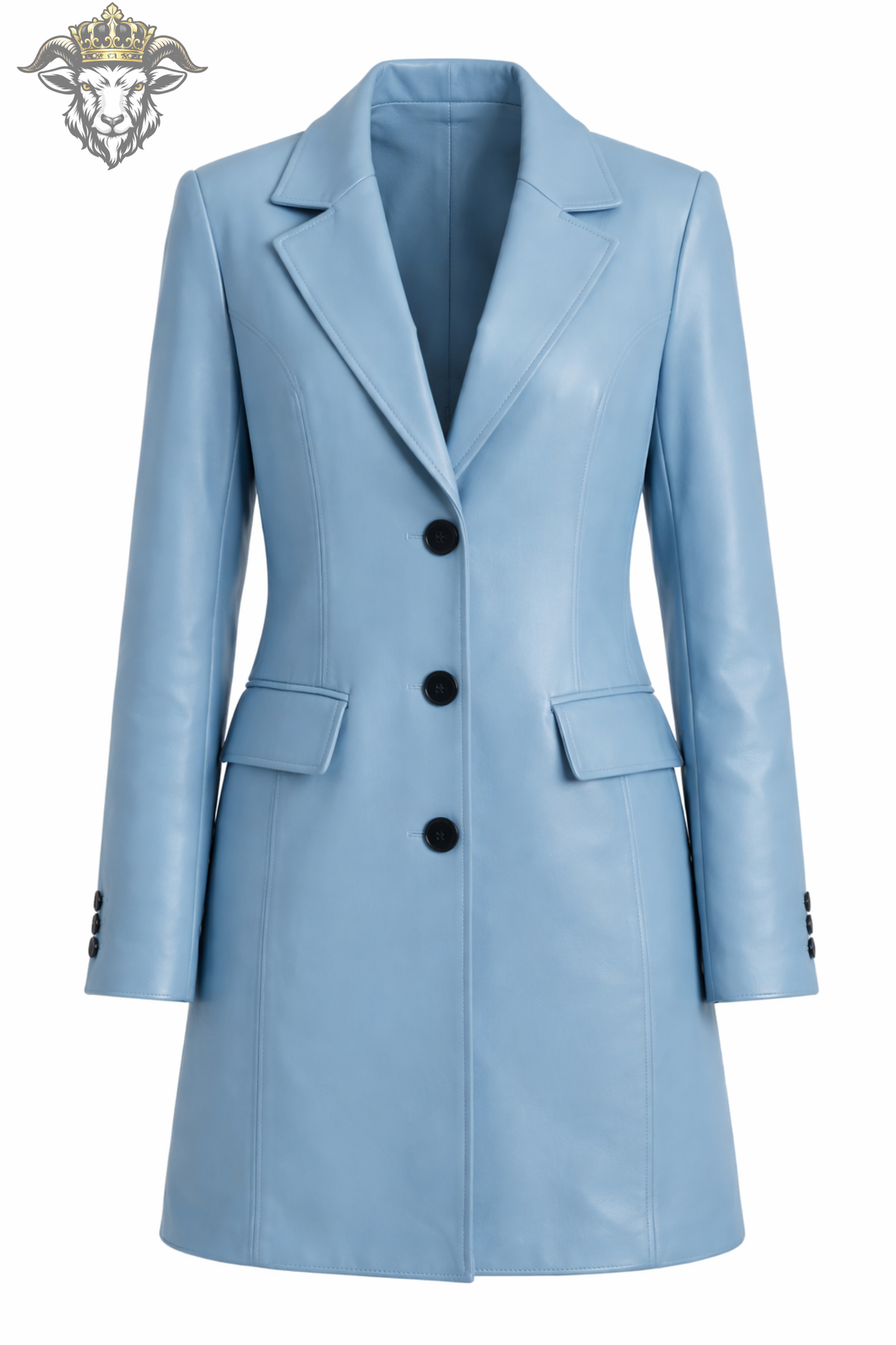 Women's Cyan Blue Real Leather Coat, Tailored Mid-Length Jacket, Button Front Luxury Outerwear, Elegant Modern Fashion Coat