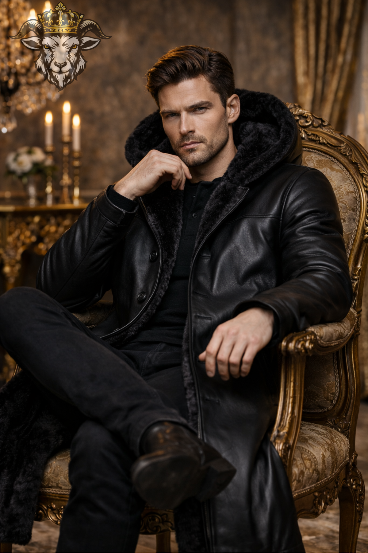 Men's Black Real Leather Hooded Long Coat, Fur Lined Winter Coat, Below Knee Button Closure Luxury Leather Trench Coat, Warm Outerwear Jacket