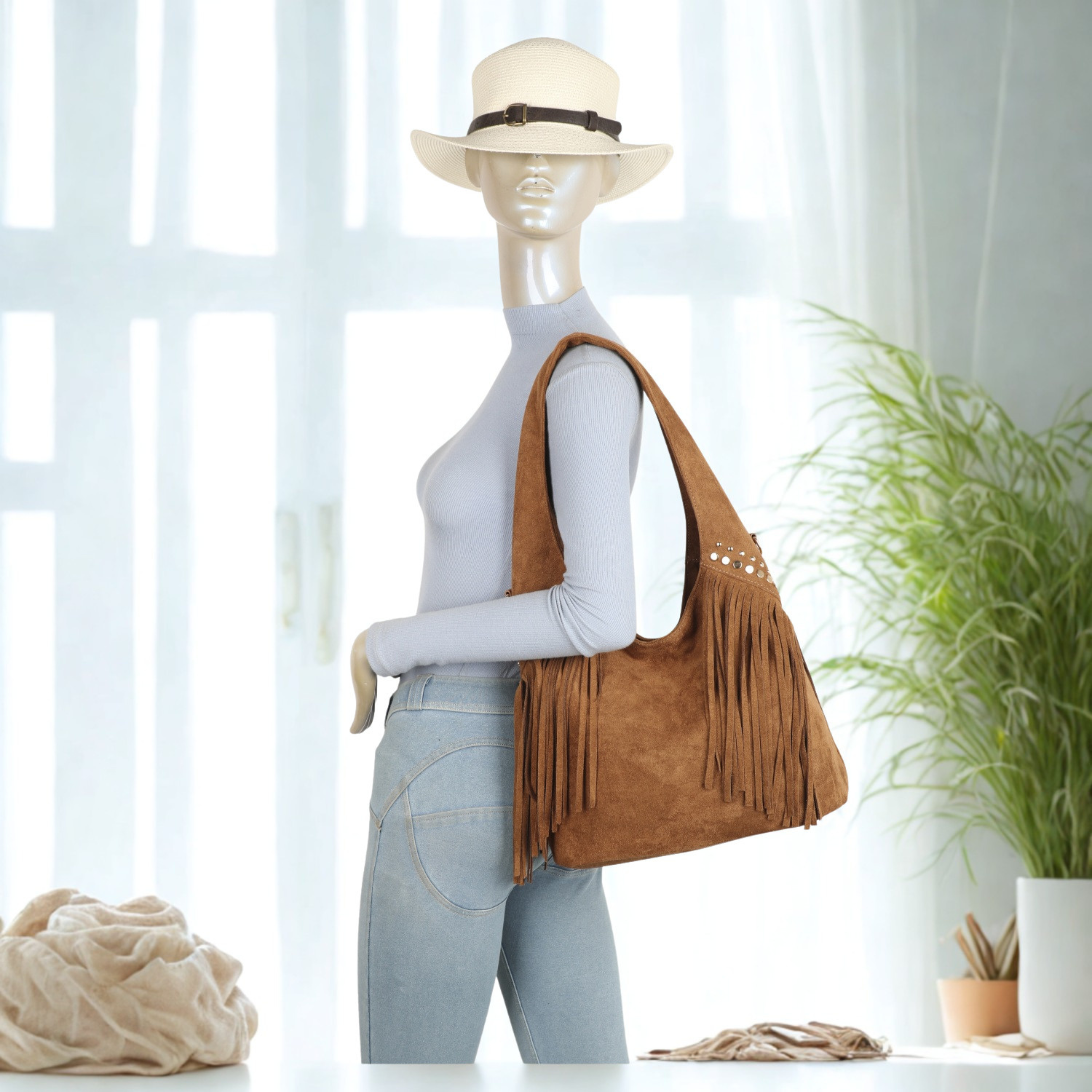 Women’s Suede Effect Fringe Hobo Shoulder Bag Tassel Studded Handbag with Strap