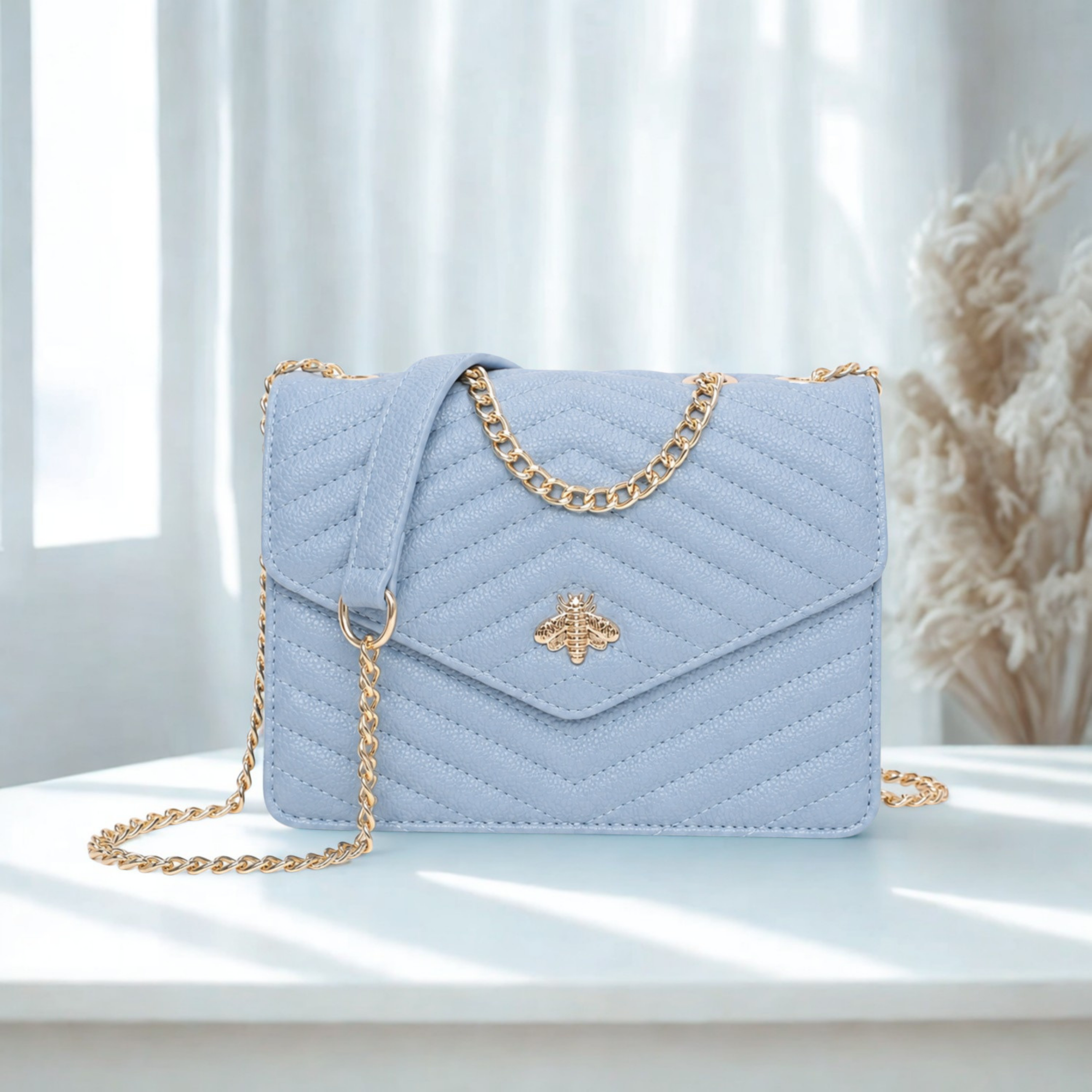 Women’s Quilted Crossbody Bag with Gold Bee Detail – Flap Over Shoulder Handbag with Half Chain Strap