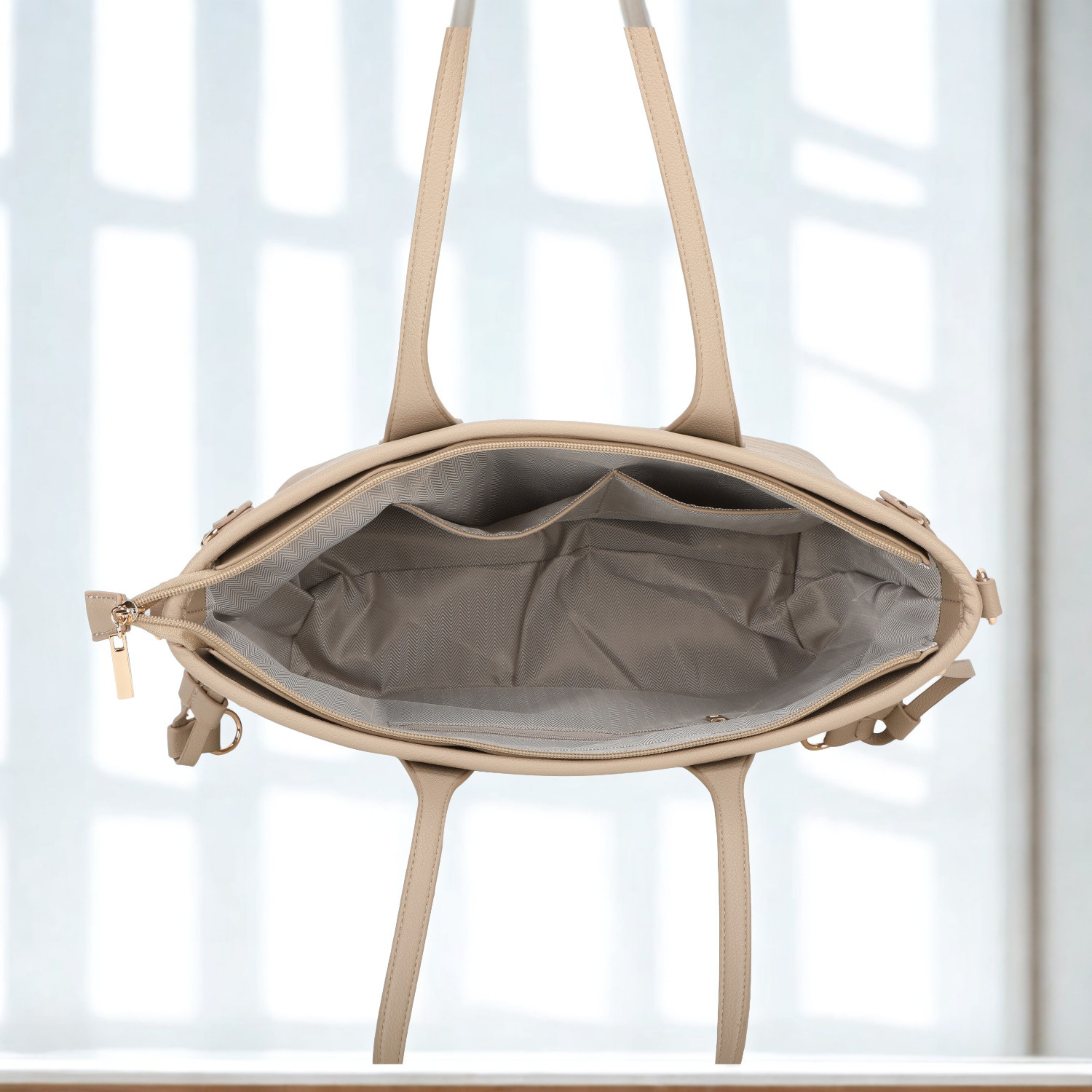 Large Women’s Tote Bag with Zipper Closure, Shoulder Handles, Gold Hardware & Multi-Pocket Interior