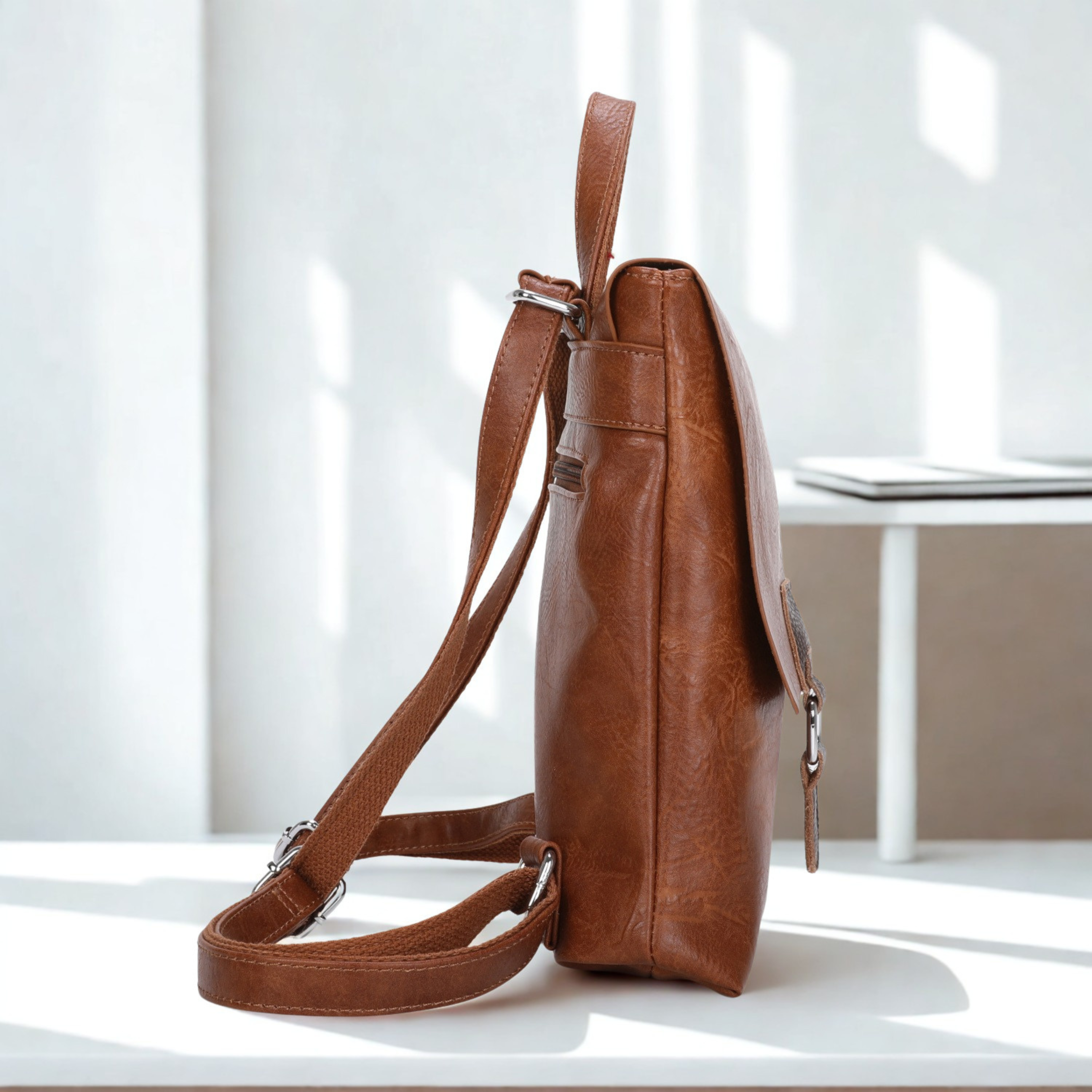 Ladies Flap Over Backpack Handbag, Synthetic Leather Trim Rucksack Shoulder Bag