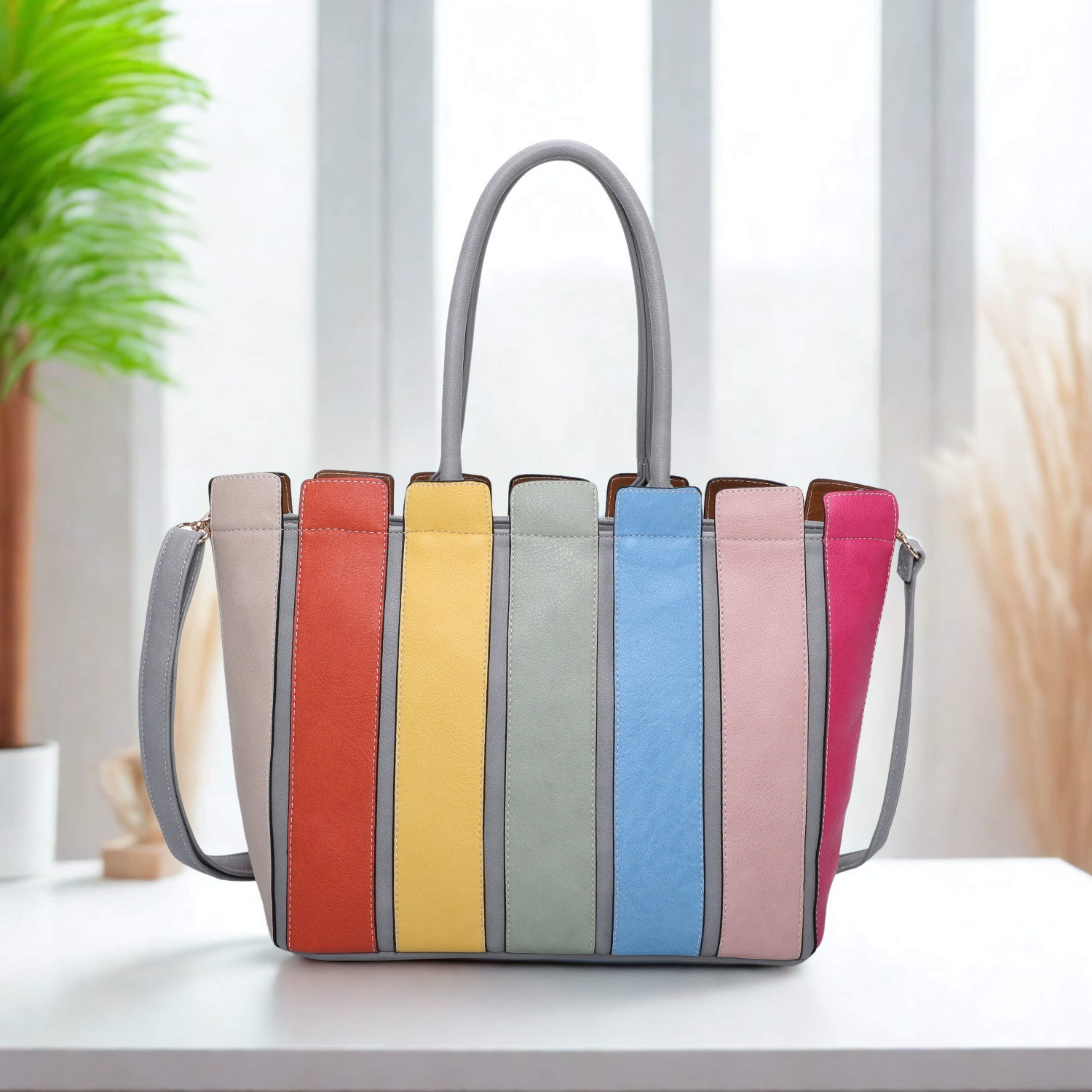 Women’s Large Striped Tote Bag Zip Top Shoulder Crossbody Handbag
