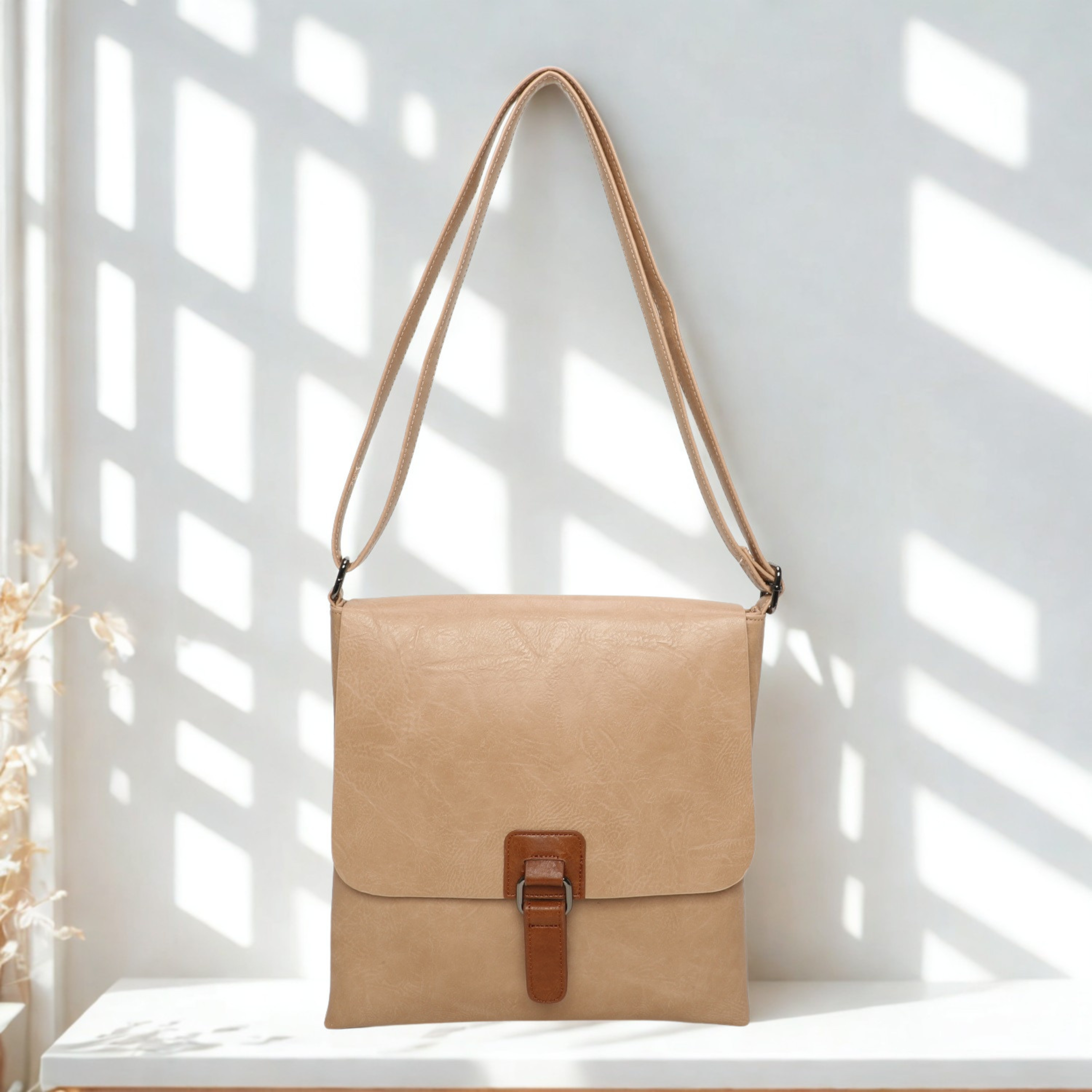 Women’s Slim Crossbody Shoulder Bag – Flap Over Synthetic Leather Handbag with Adjustable Strap, Back Zip Pocket & Dark Silver Hardware