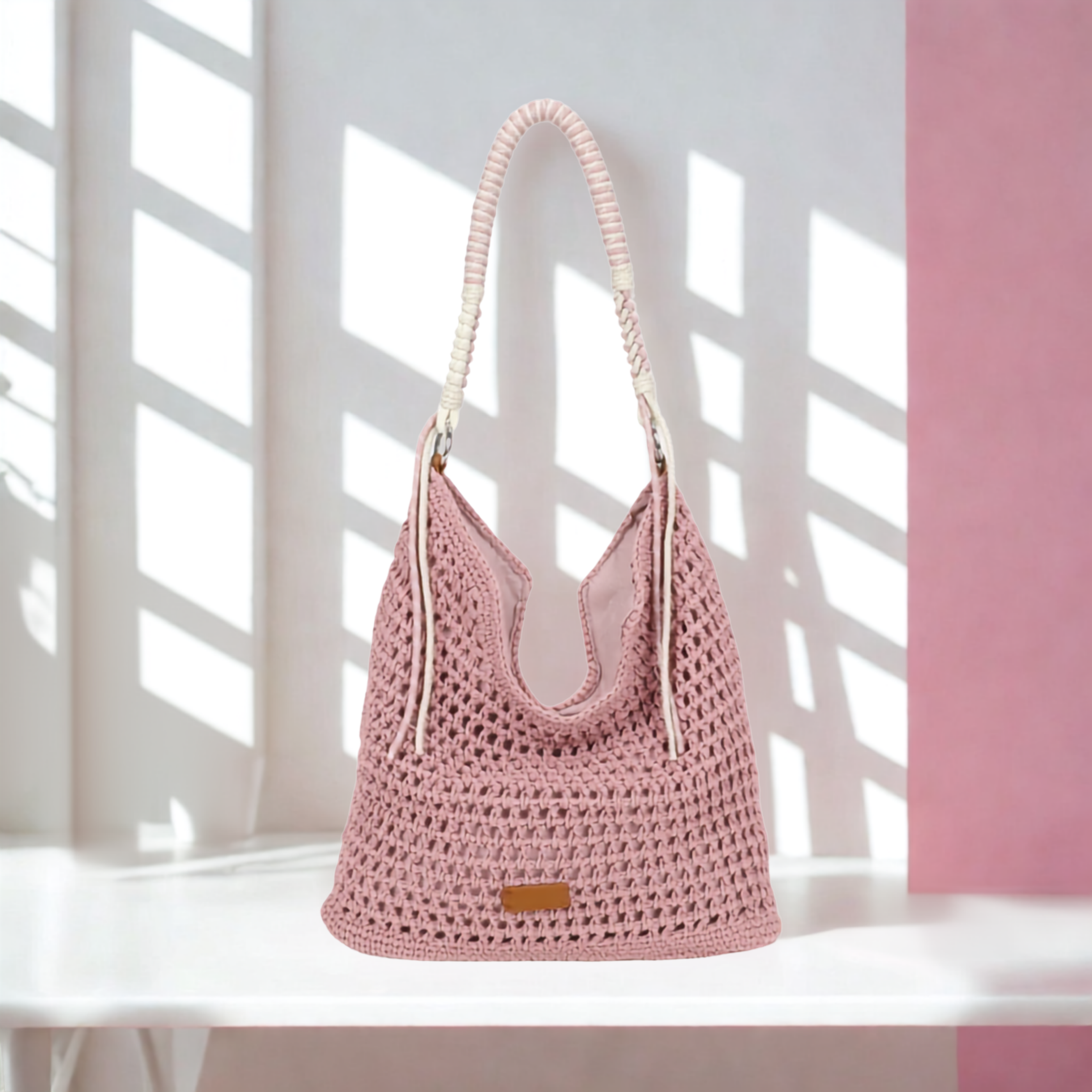 Women’s Crochet Hobo Shoulder Bag Synthetic Handmade Braided Strap Zip Handbag