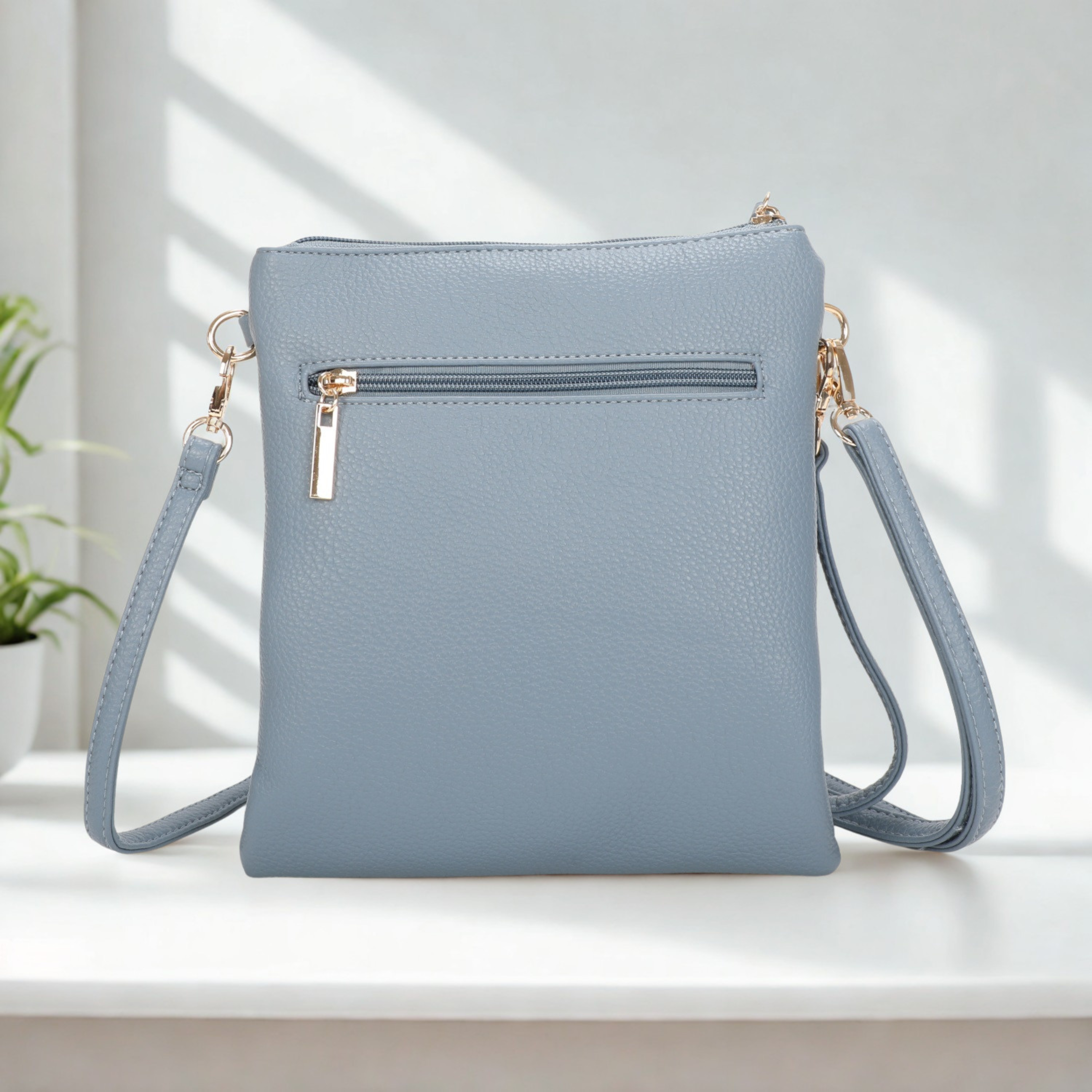 Women’s Multi Zip Crossbody Bag – Slim Synthetic Shoulder Bag with Adjustable Strap