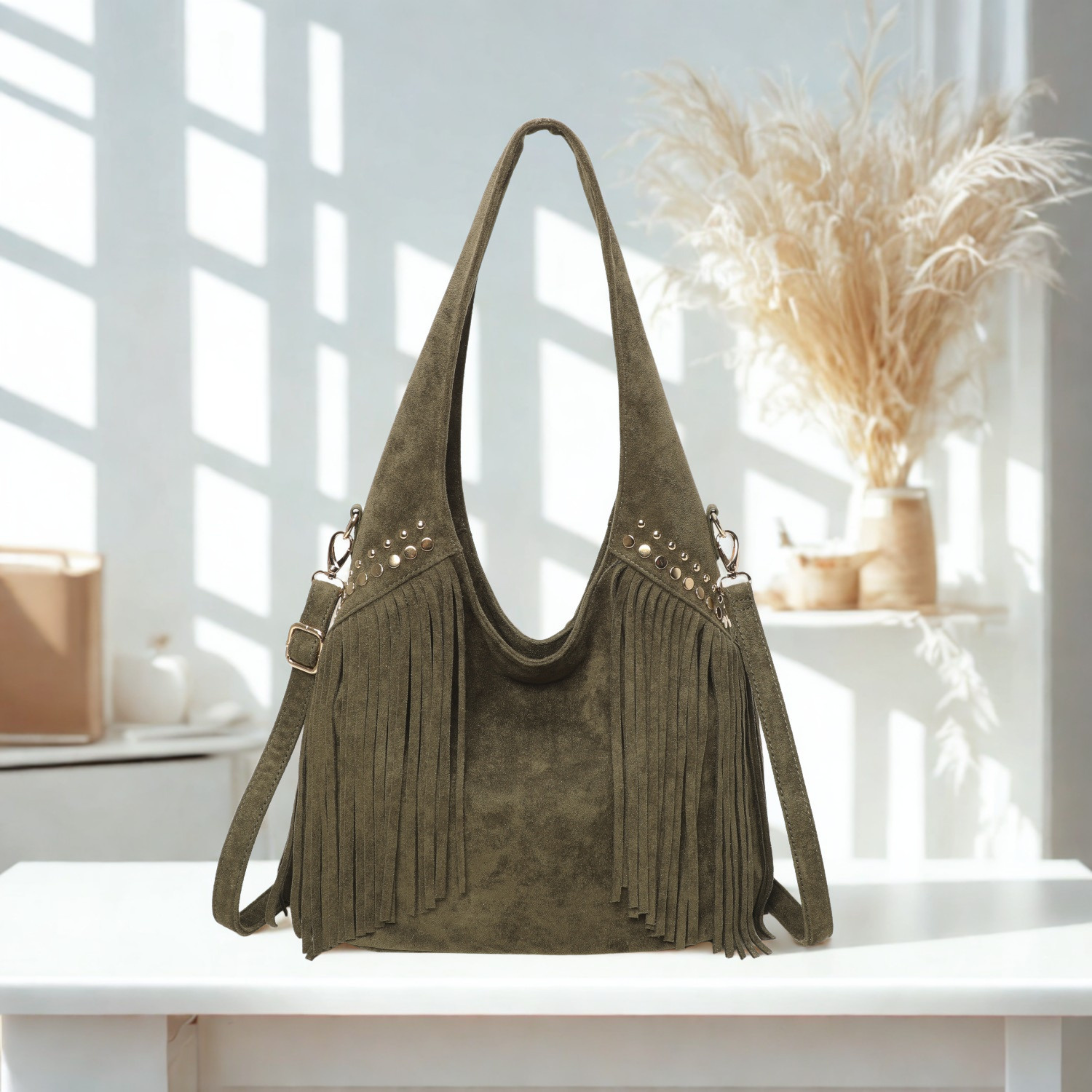 Women’s Suede Effect Fringe Hobo Shoulder Bag Tassel Studded Handbag with Strap