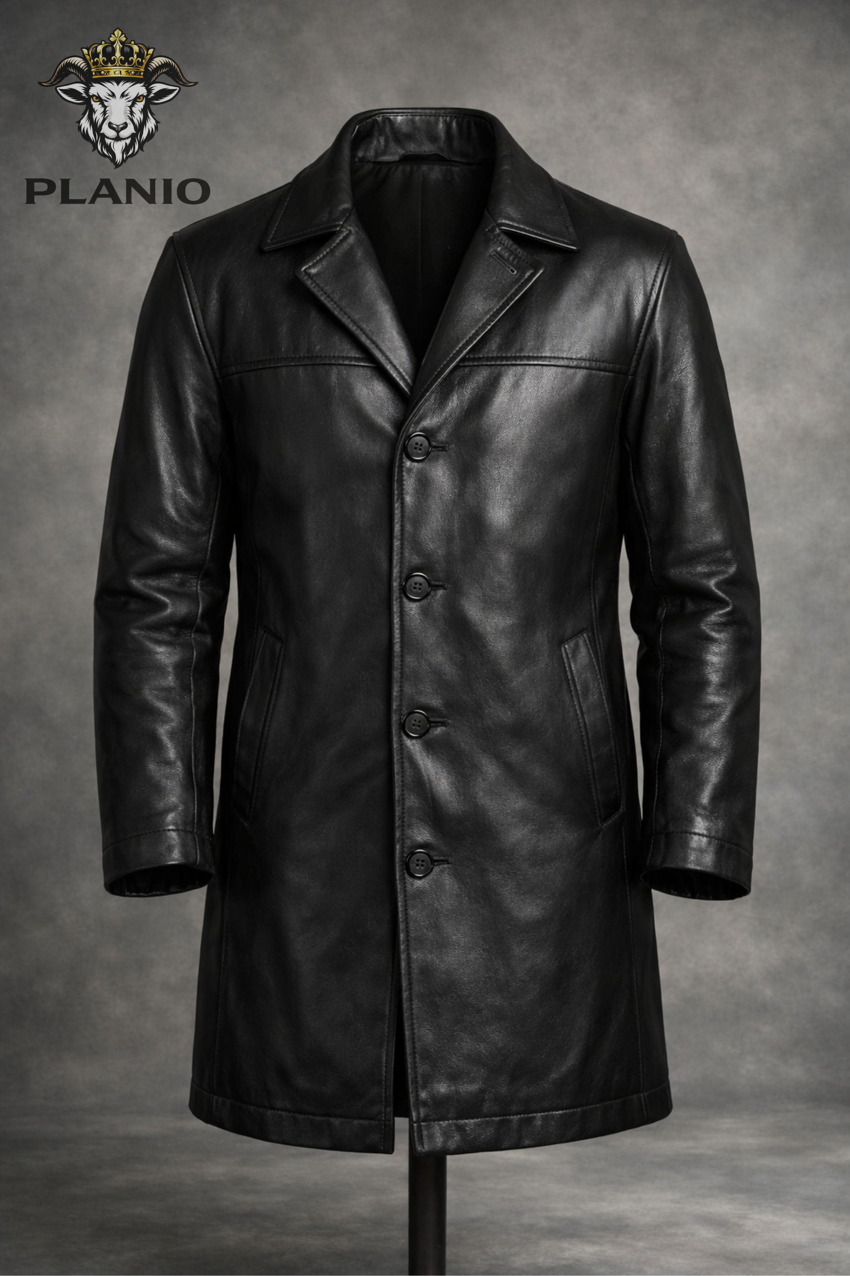 Men’s Black Real Leather Longcoat – Above Knee Button Front Leather Coat