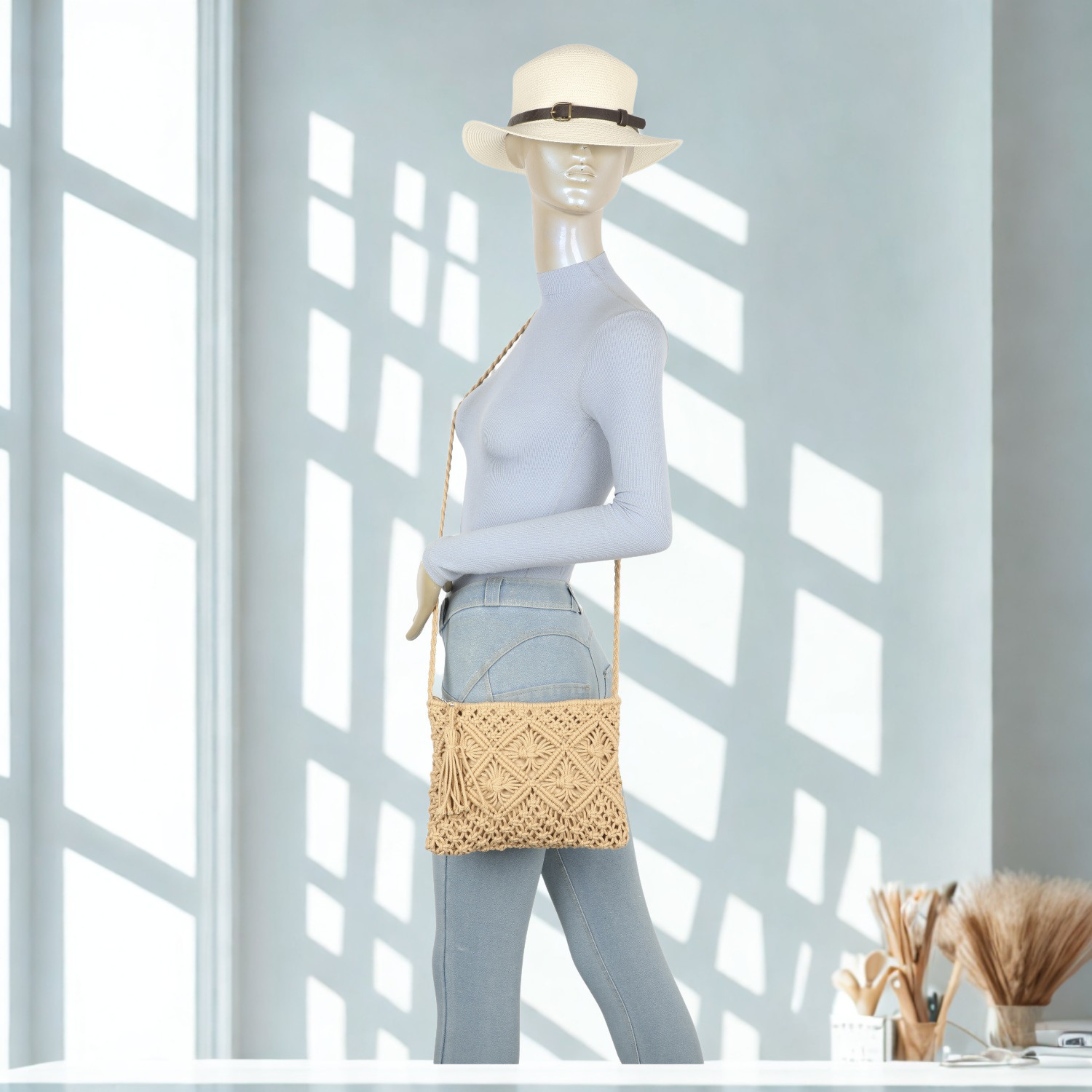 Women’s Knitted Crochet Crossbody Bag – Synthetic Top Zip Shoulder Bag with Long Strap