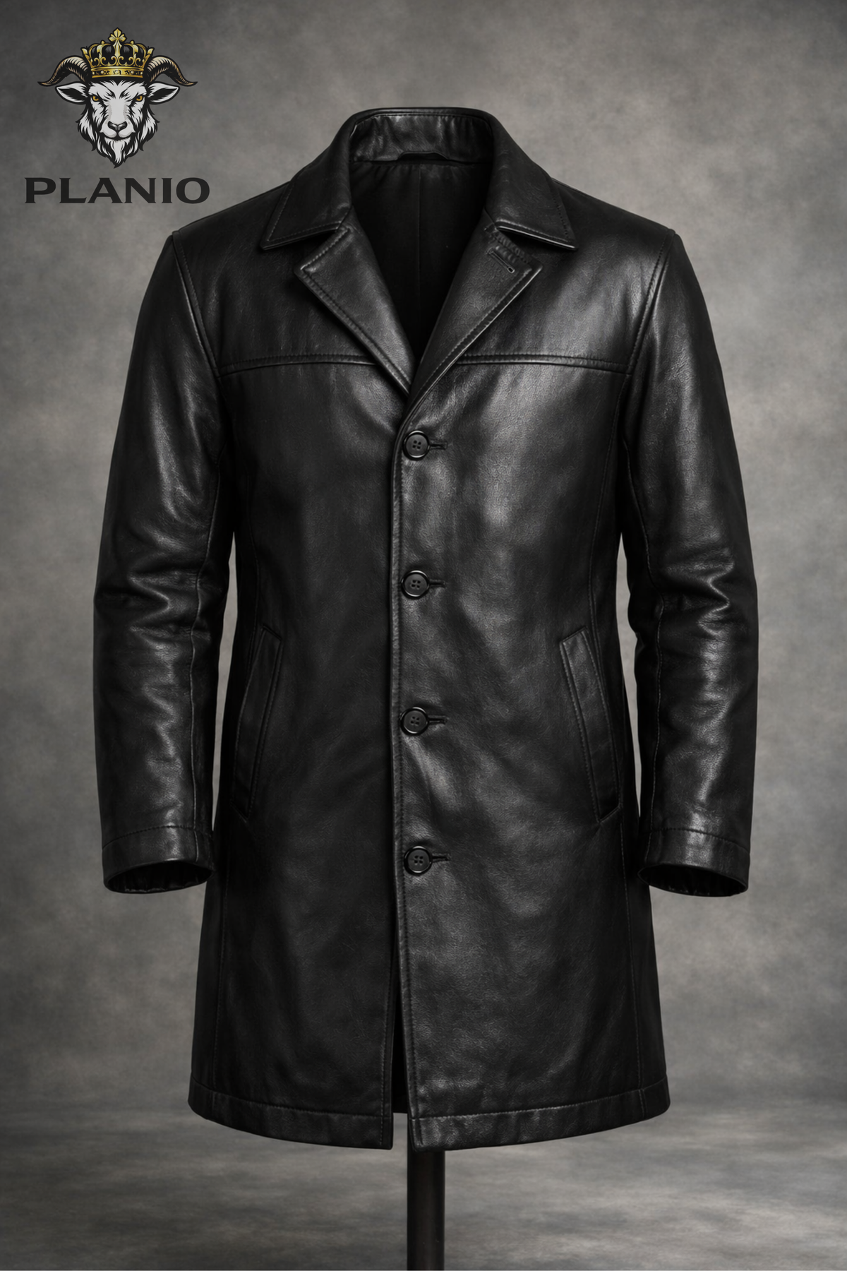 Men’s Black Real Leather Longcoat – Above Knee Button Front Leather Coat