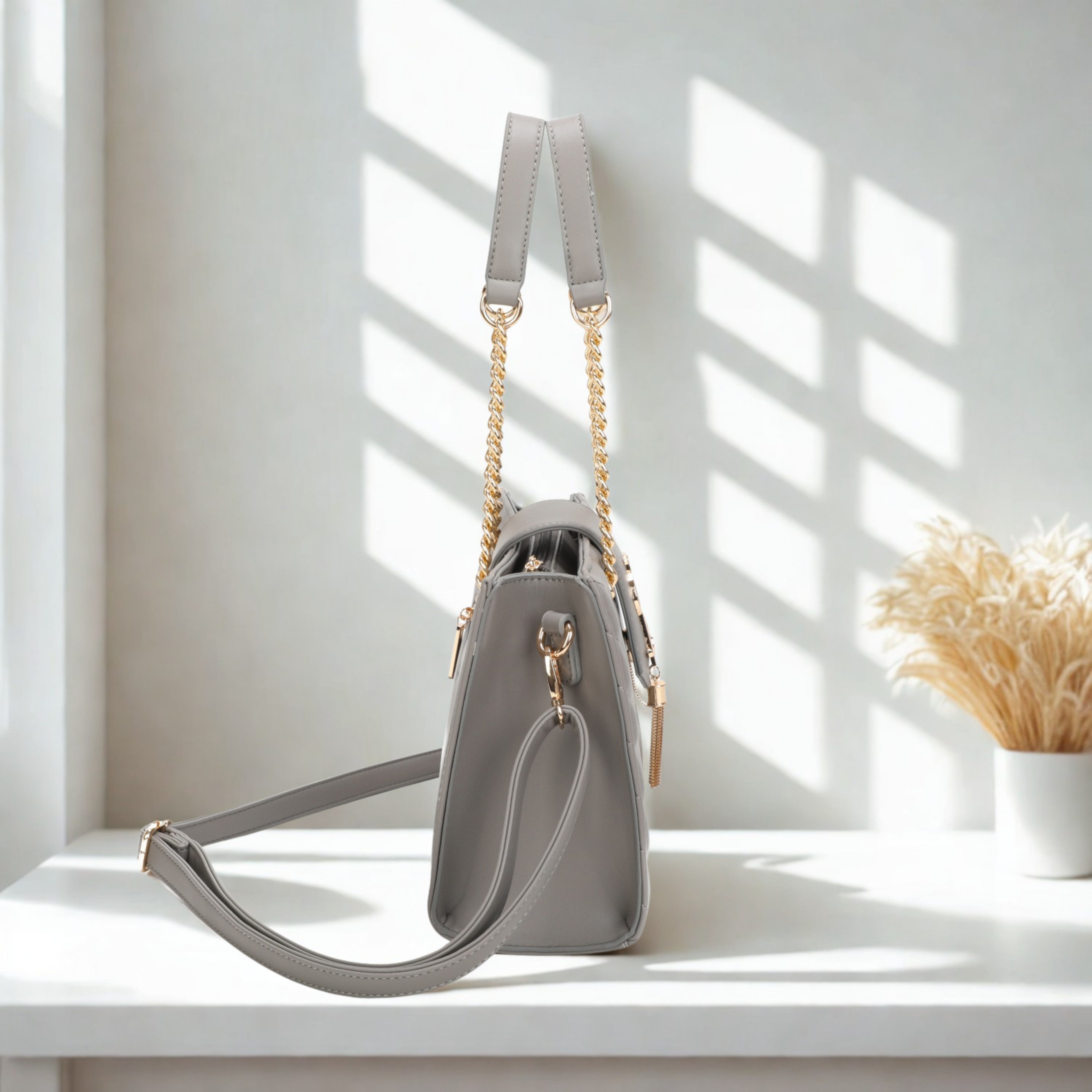 Women’s Quilted Shoulder Bag with Gold Chain Handles, Detachable Crossbody Strap