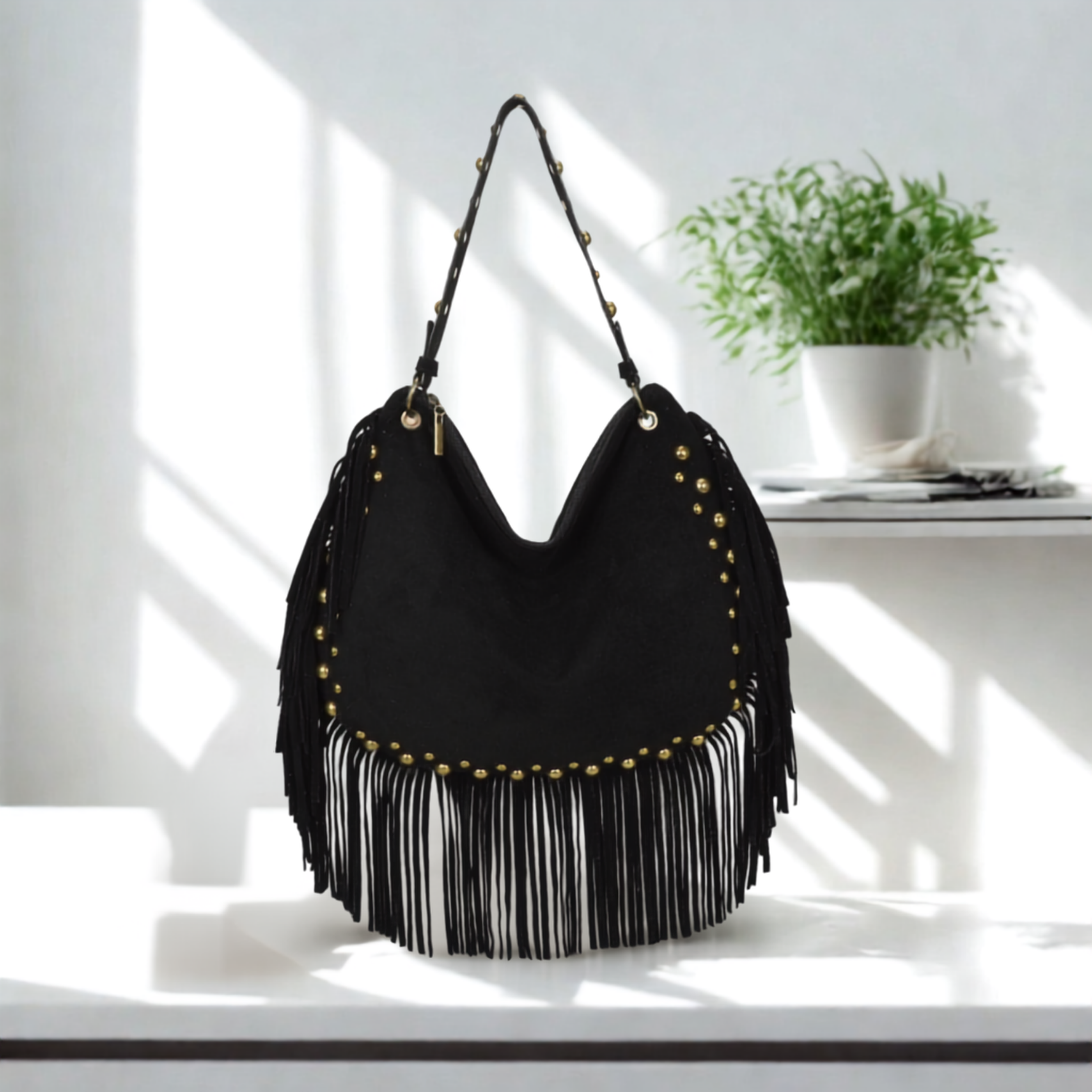 Women’s Suede Effect Studded Tassel Hobo Shoulder Bag – Boho Fringe Handbag with Top Zip Closuret