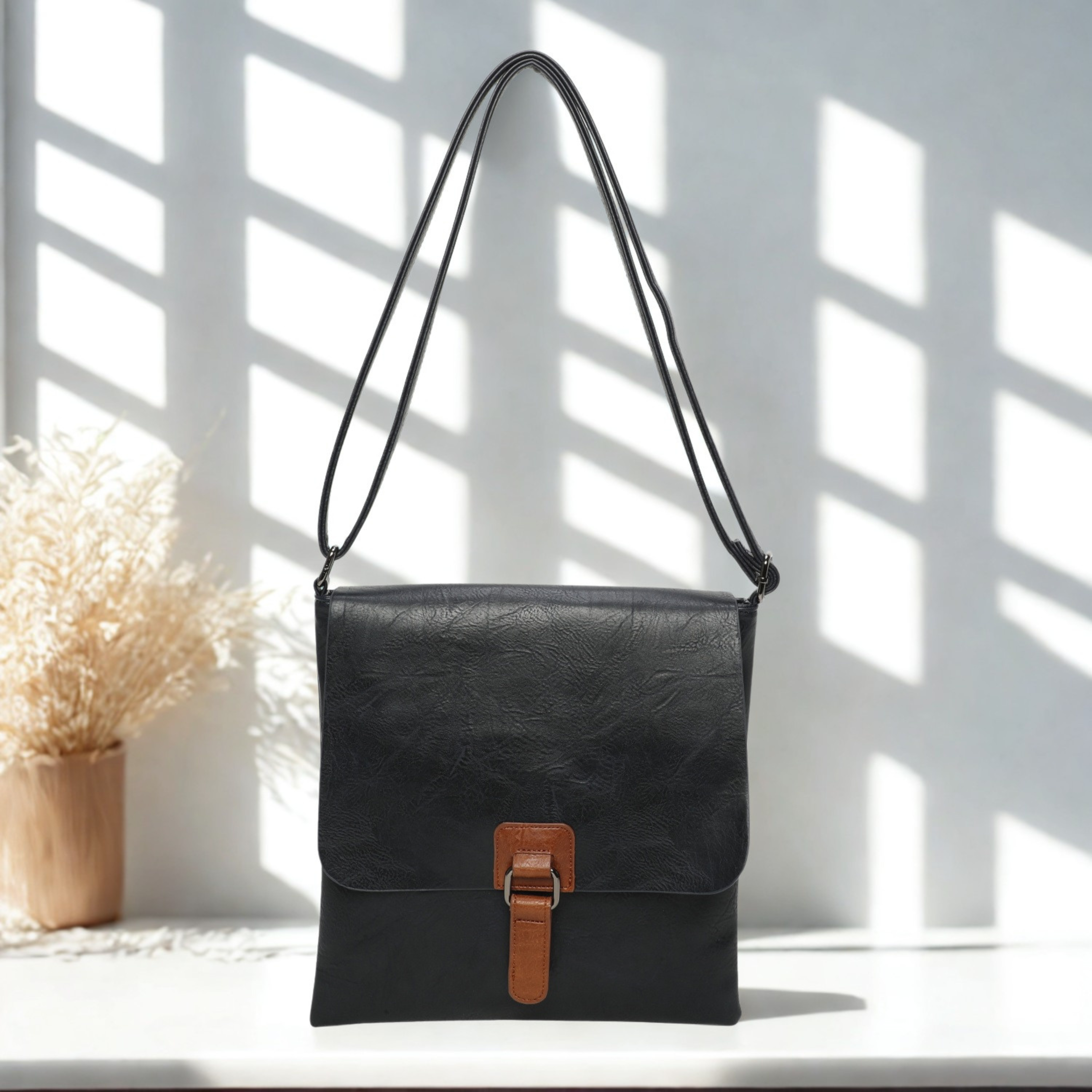 Women’s Slim Crossbody Shoulder Bag – Flap Over Synthetic Leather Handbag with Adjustable Strap, Back Zip Pocket & Dark Silver Hardware