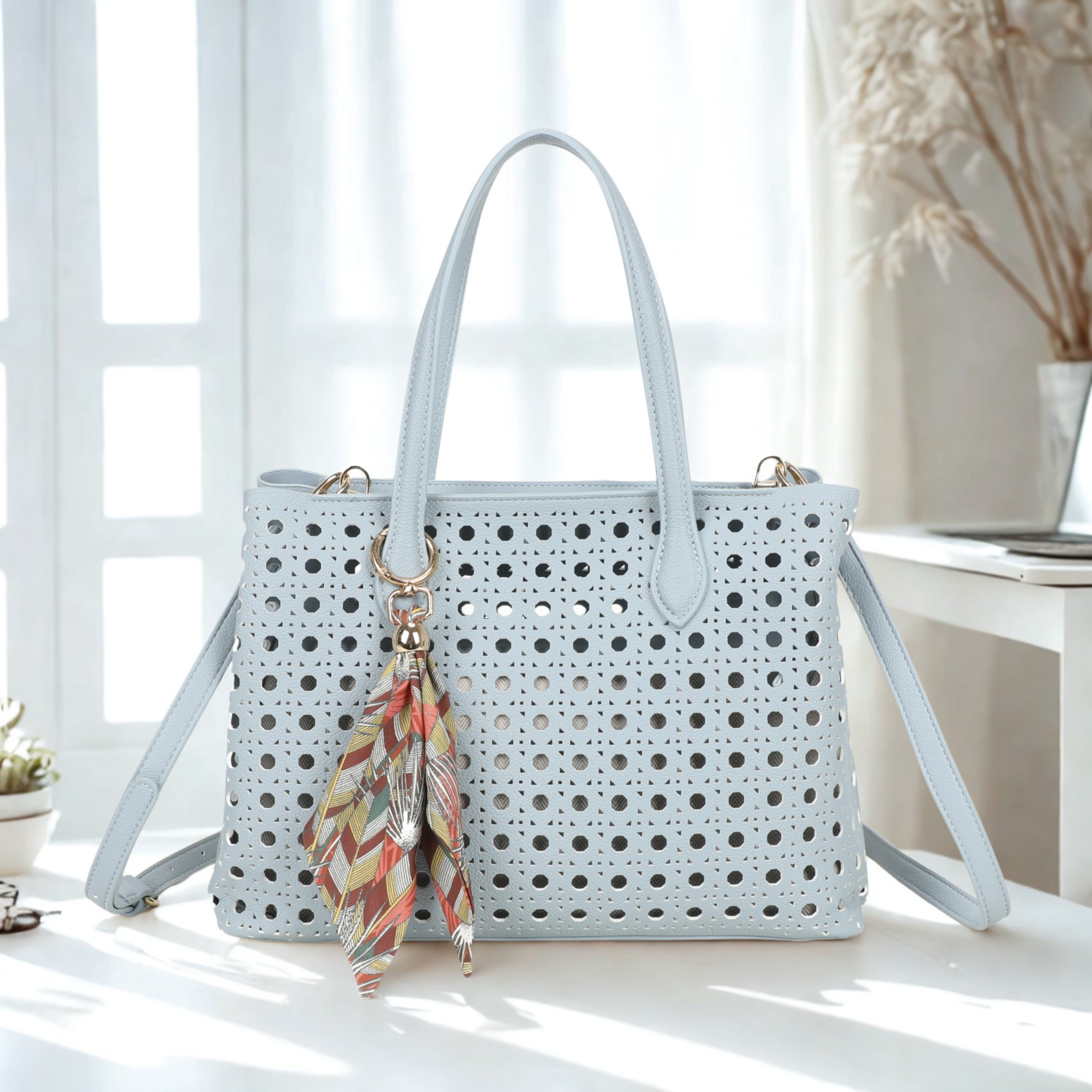 Women’s Laser Cut Tote Bag with Detachable Strap & Scarf Charm