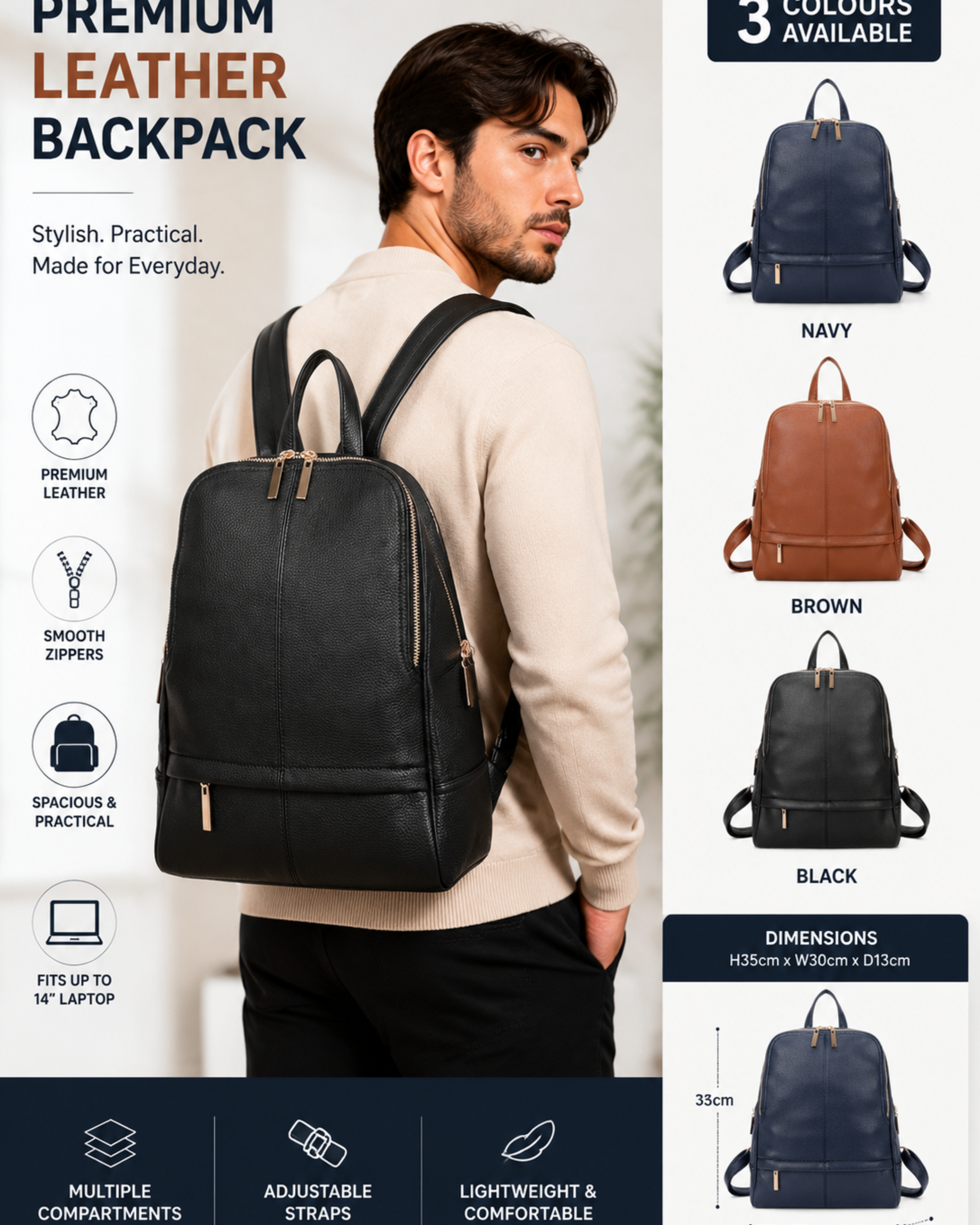 Premium Synthetic Leather Look Backpack Laptop Rucksack Multi Pocket Travel Bag