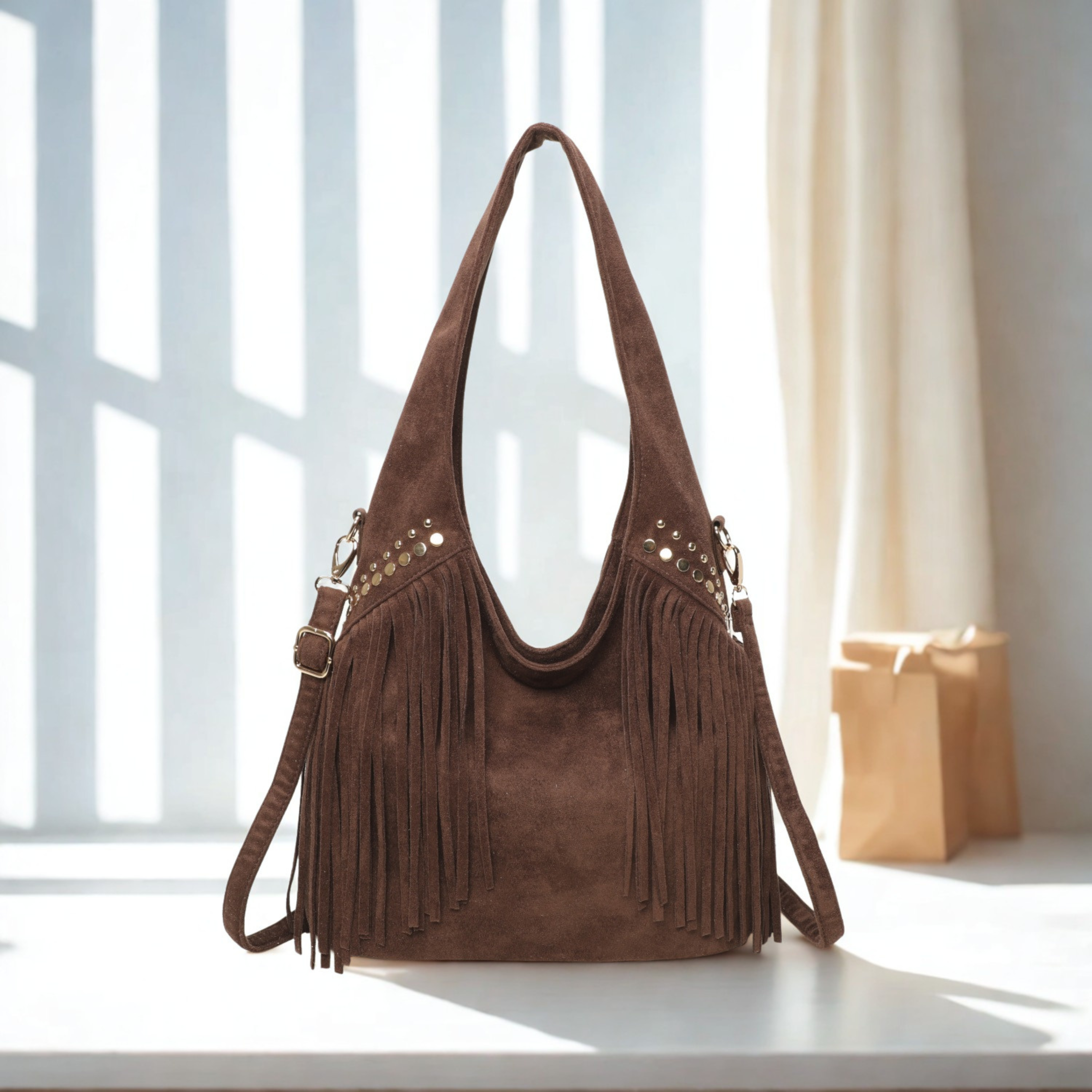 Women’s Suede Effect Fringe Hobo Shoulder Bag Tassel Studded Handbag with Strap