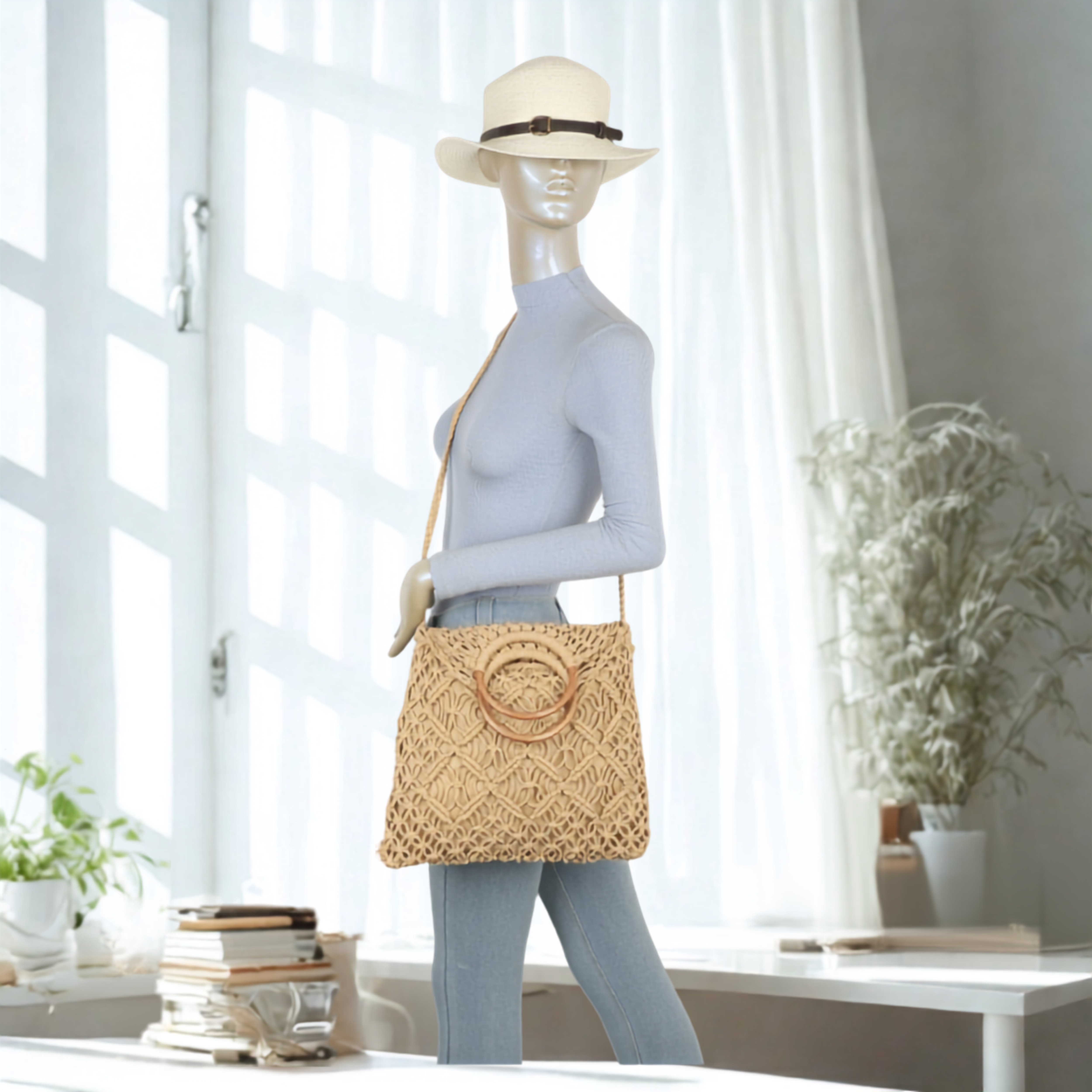 Boho Crochet Handbag with Circle Wooden Handles – Knitted Macramé Shoulder Bag for Women