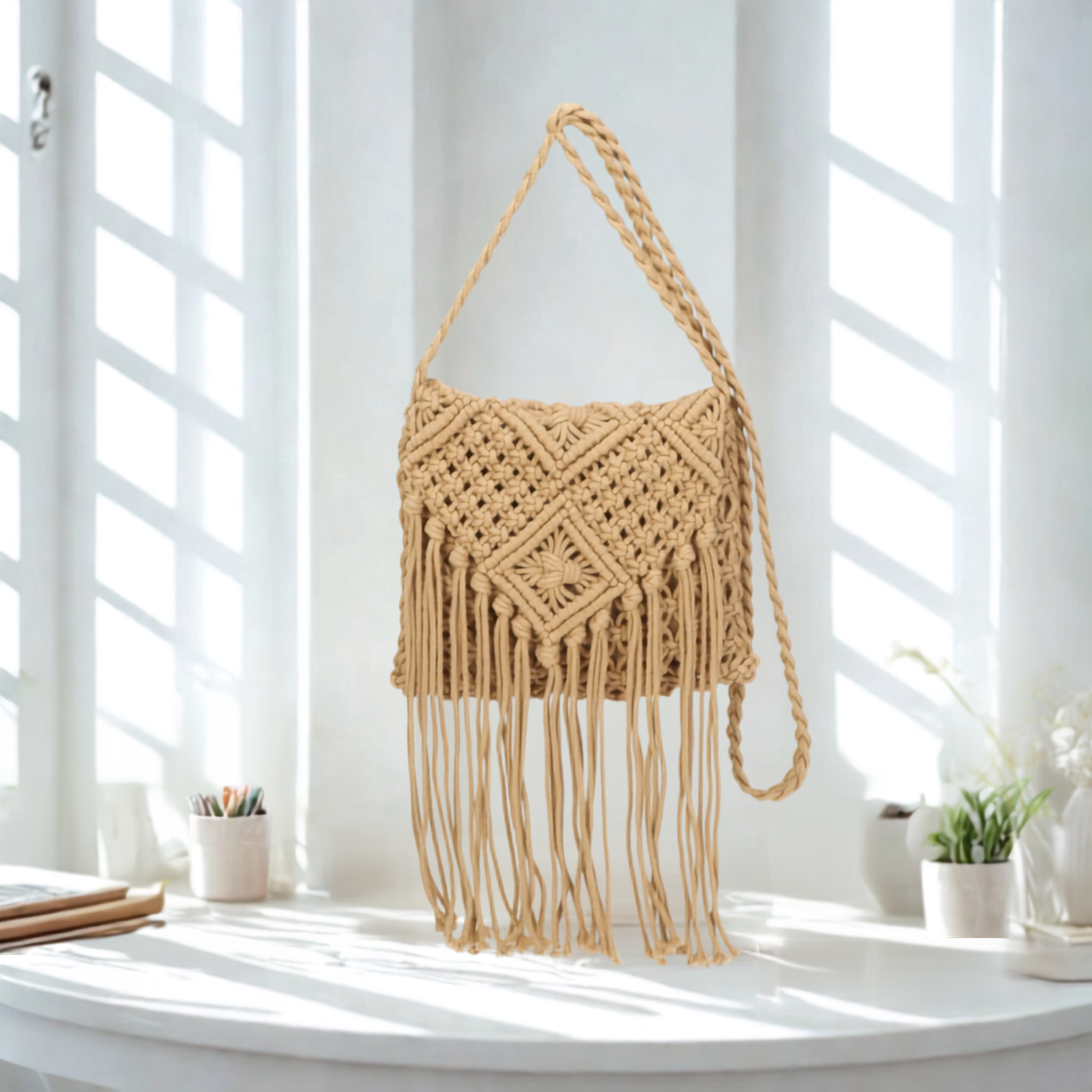 Women’s Knitted Crochet Shoulder Bag – Synthetic Top Zip Flap Crossbody Bag with Long Strap