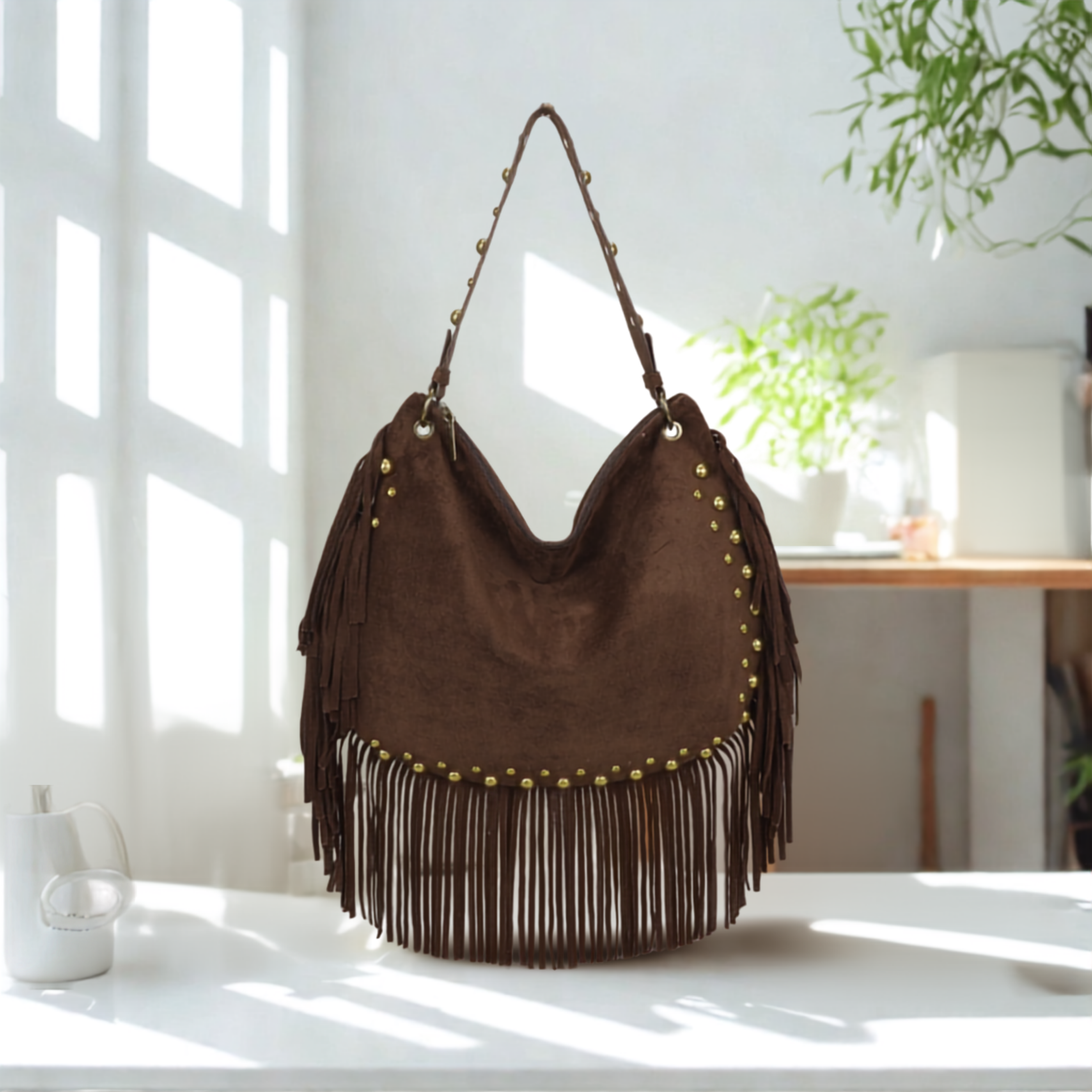 Women’s Suede Effect Studded Tassel Hobo Shoulder Bag – Boho Fringe Handbag with Top Zip Closuret