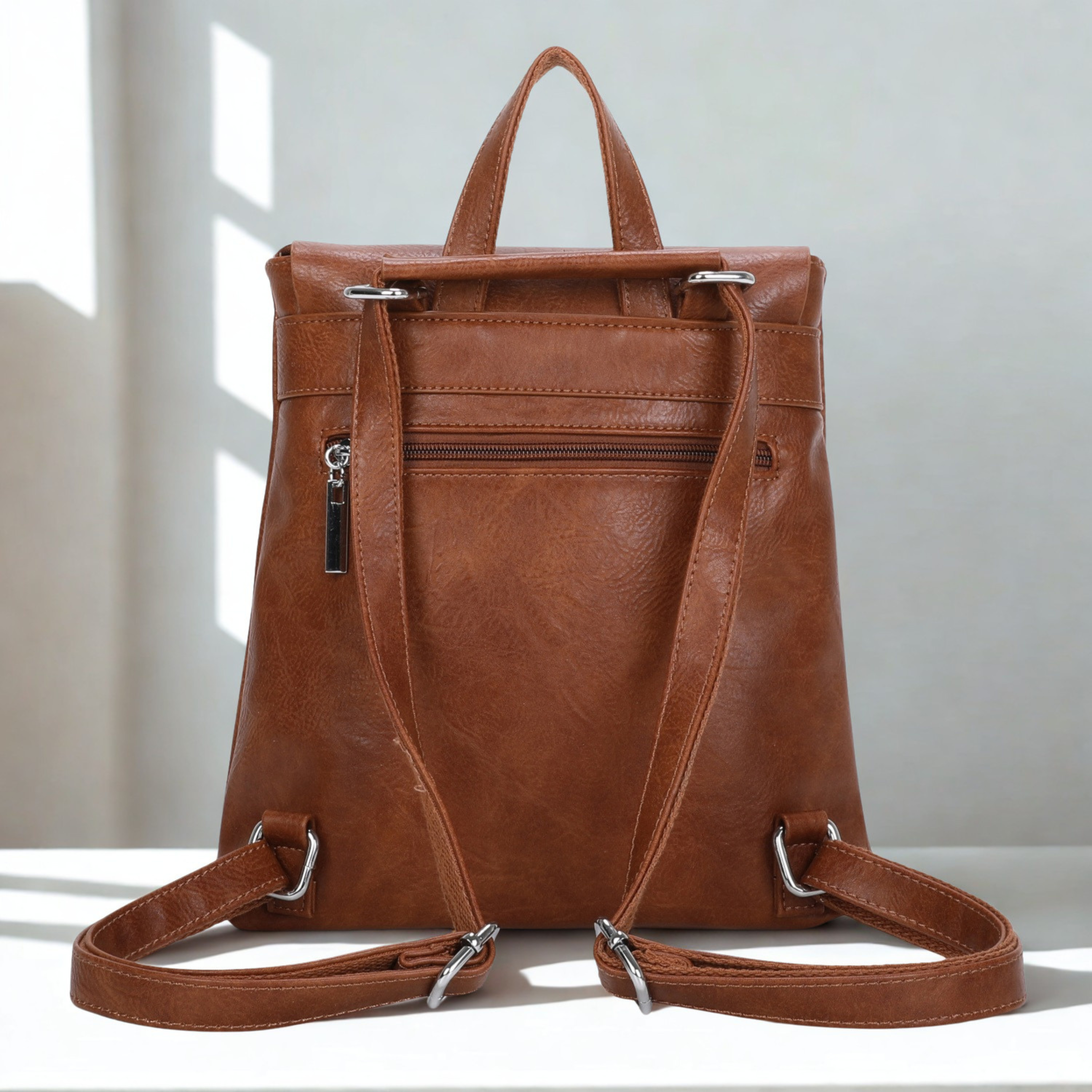 Ladies Flap Over Backpack Handbag, Synthetic Leather Trim Rucksack Shoulder Bag
