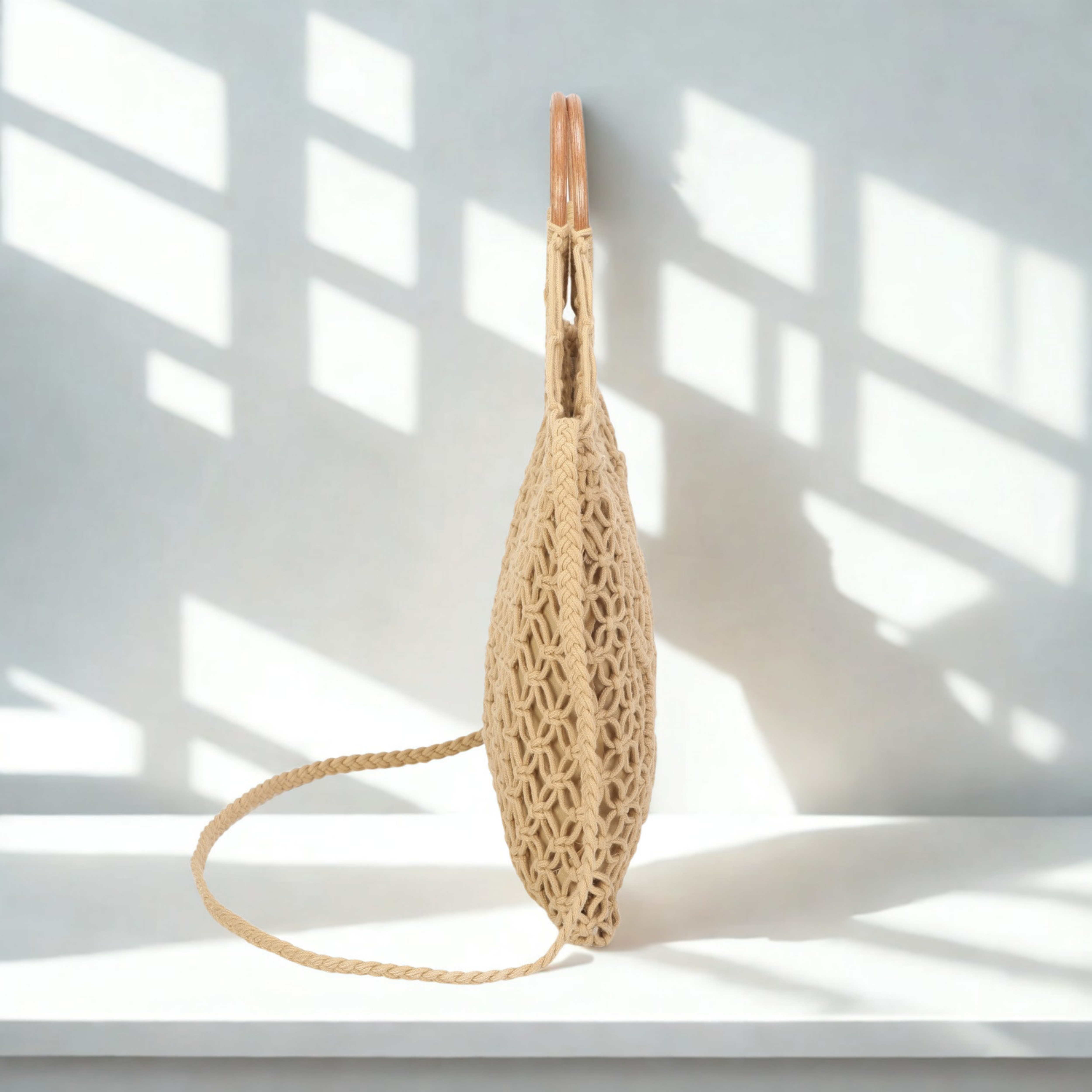 Boho Crochet Handbag with Circle Wooden Handles – Knitted Macramé Shoulder Bag for Women