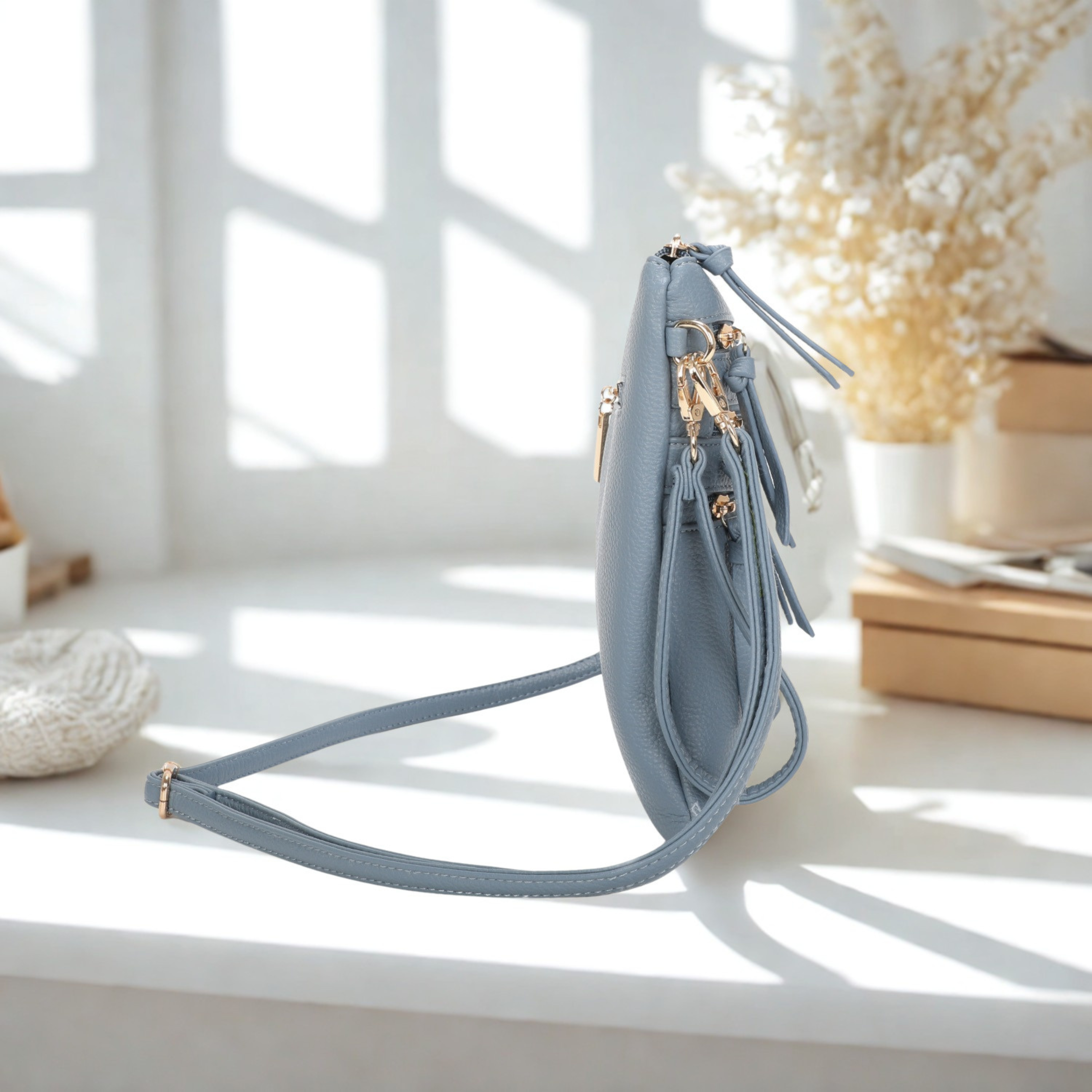 Women’s Multi Zip Crossbody Bag – Slim Synthetic Shoulder Bag with Adjustable Strap