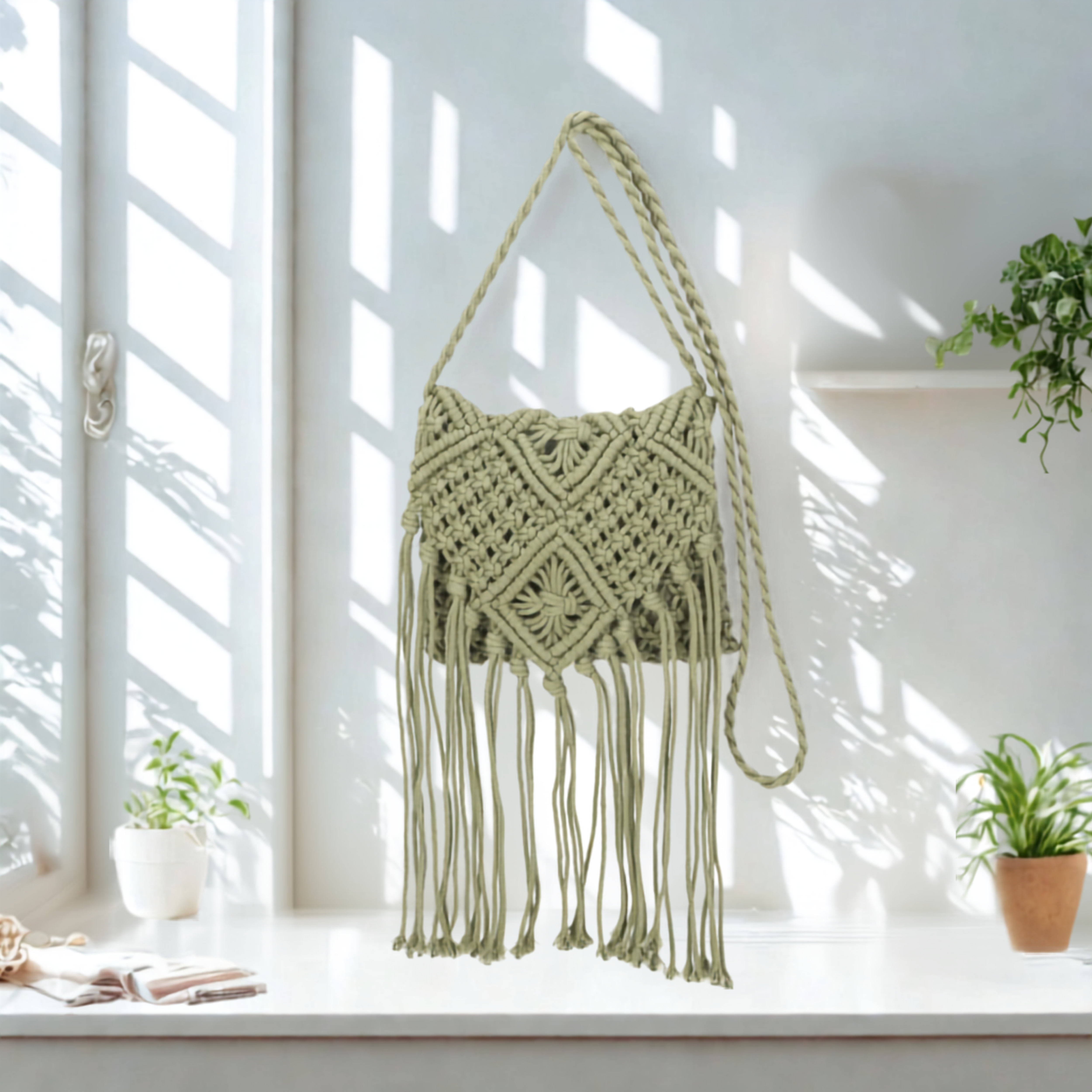 Women’s Knitted Crochet Shoulder Bag – Synthetic Top Zip Flap Crossbody Bag with Long Strap
