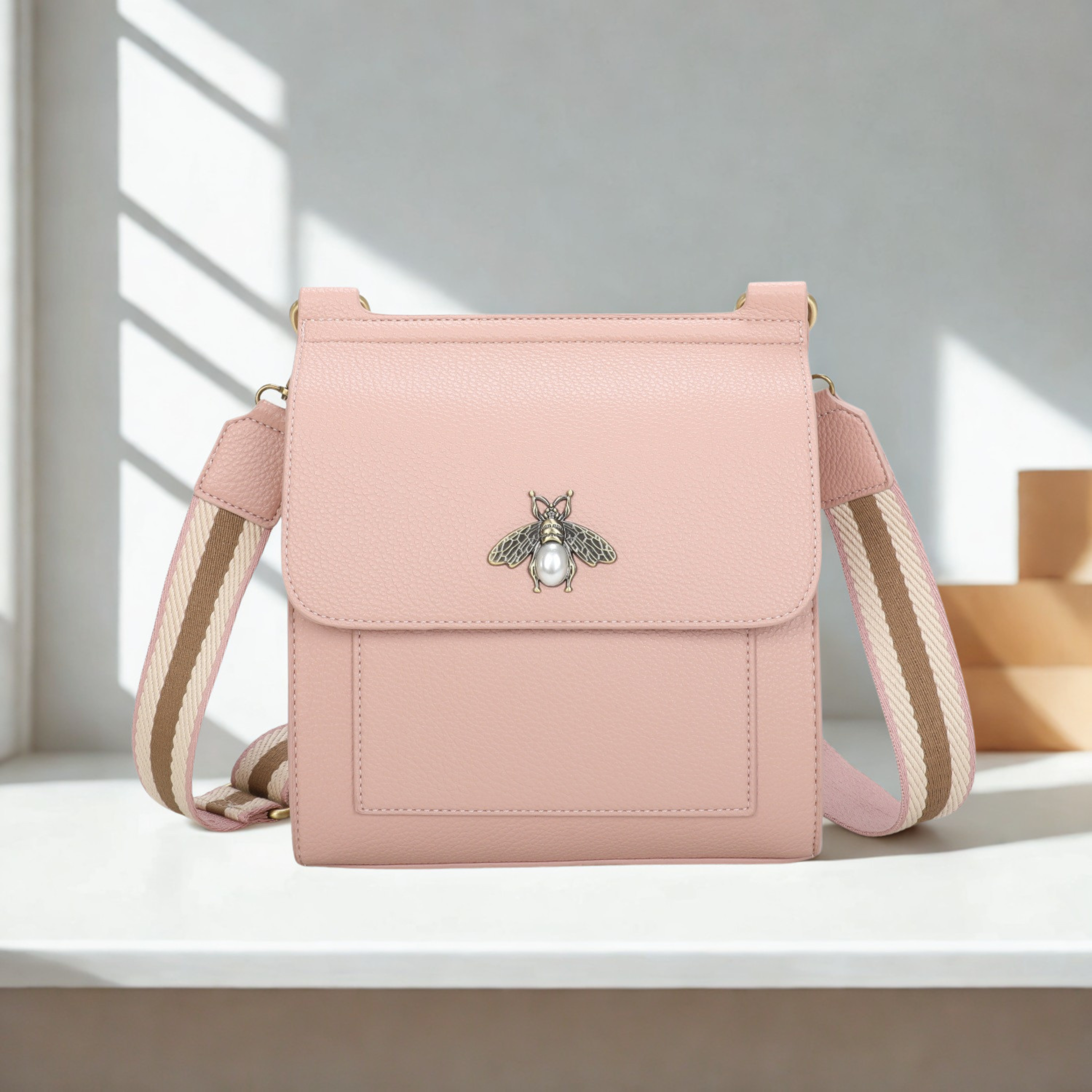 Women’s Bee Crossbody Bag with Pearl Detail, Flap Magdot Closure & Detachable Strap