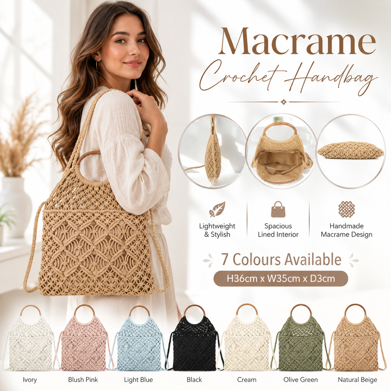 Boho Crochet Handbag with Circle Wooden Handles – Knitted Macramé Shoulder Bag for Women