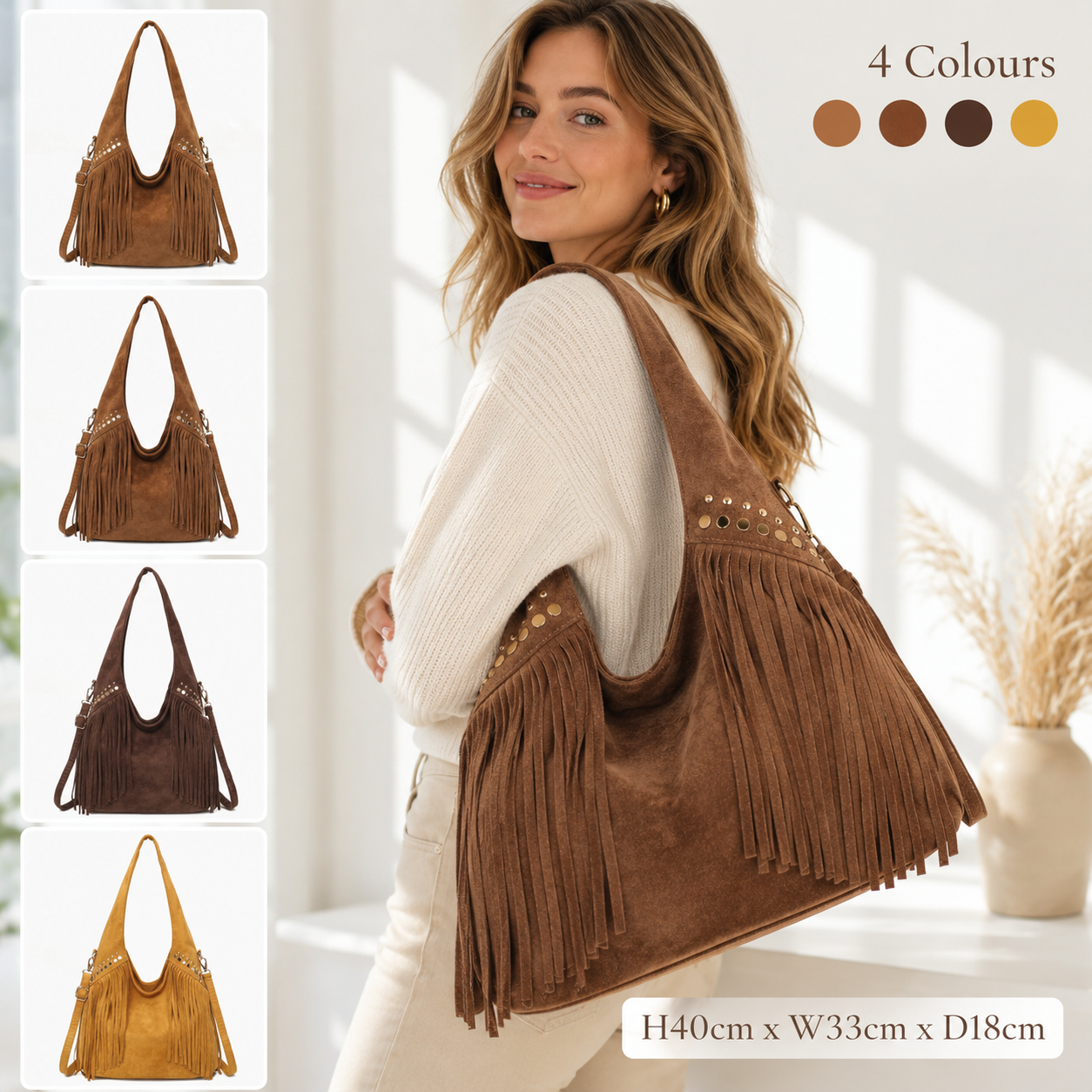 Women’s Suede Effect Fringe Hobo Shoulder Bag Tassel Studded Handbag with Strap