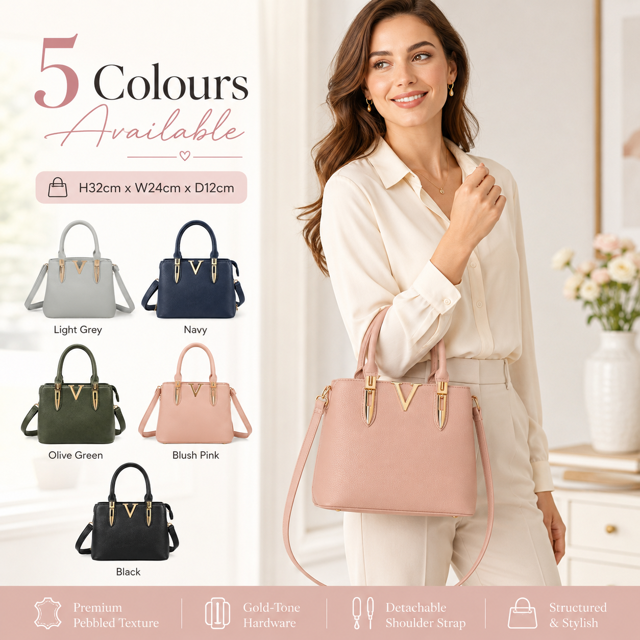 Ladies Structured Handbag Top Handle Shoulder Crossbody Bag Zip Synthetic Tote