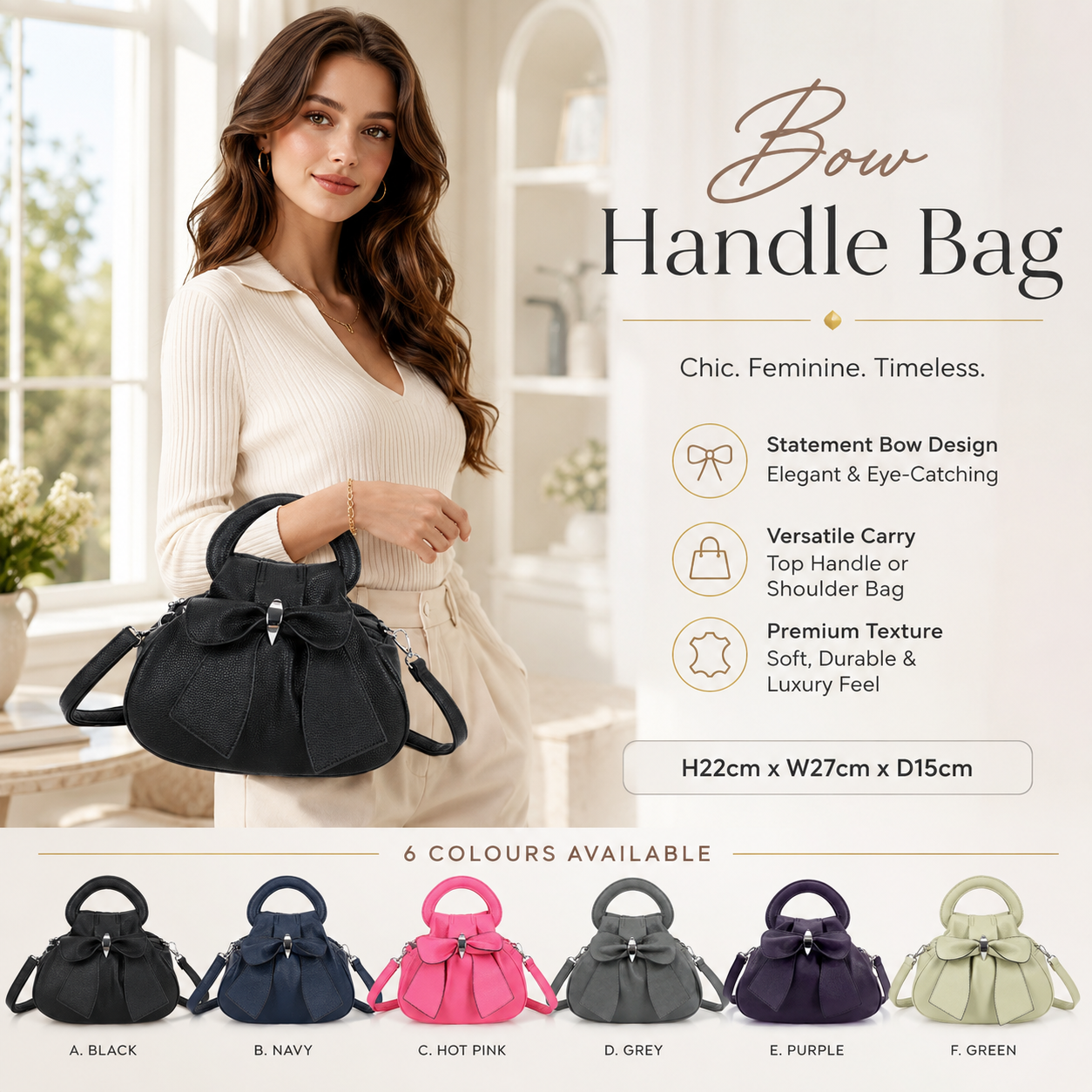 Ladies Bow Grab Bag Synthetic Handbag Crossbody Shoulder Bag 3 Zip Closure