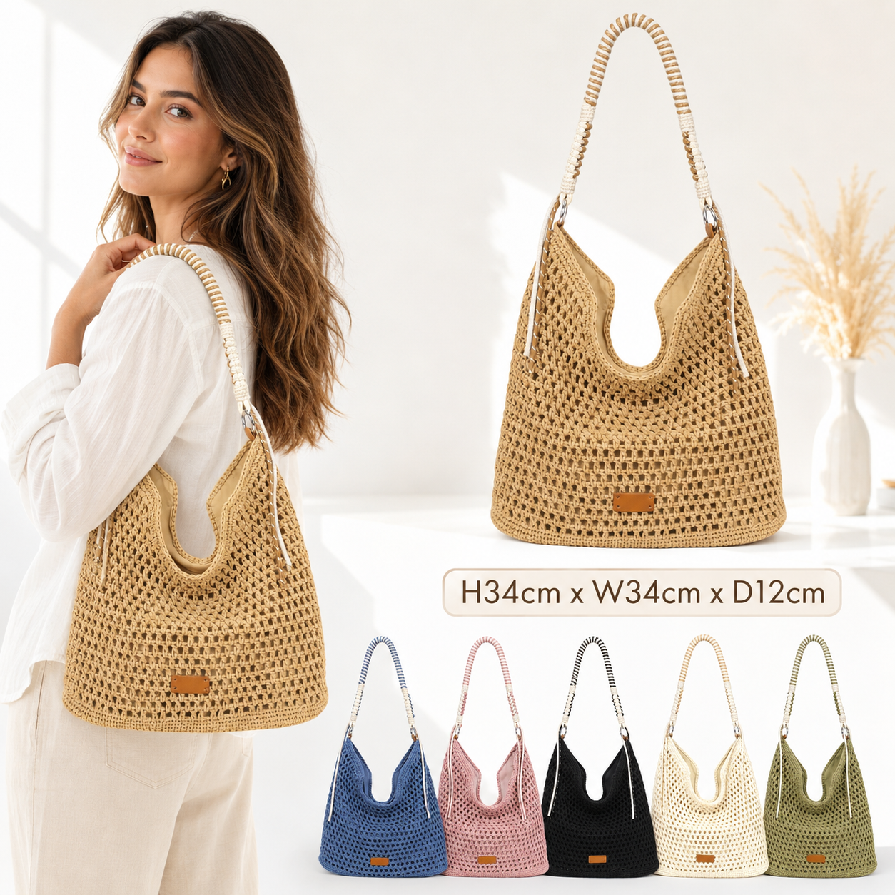 Women’s Crochet Hobo Shoulder Bag Synthetic Handmade Braided Strap Zip Handbag