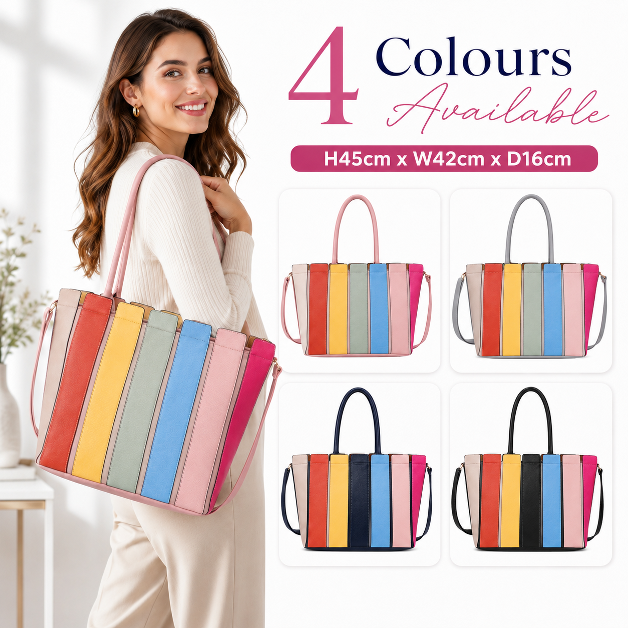 Women’s Large Striped Tote Bag Zip Top Shoulder Crossbody Handbag