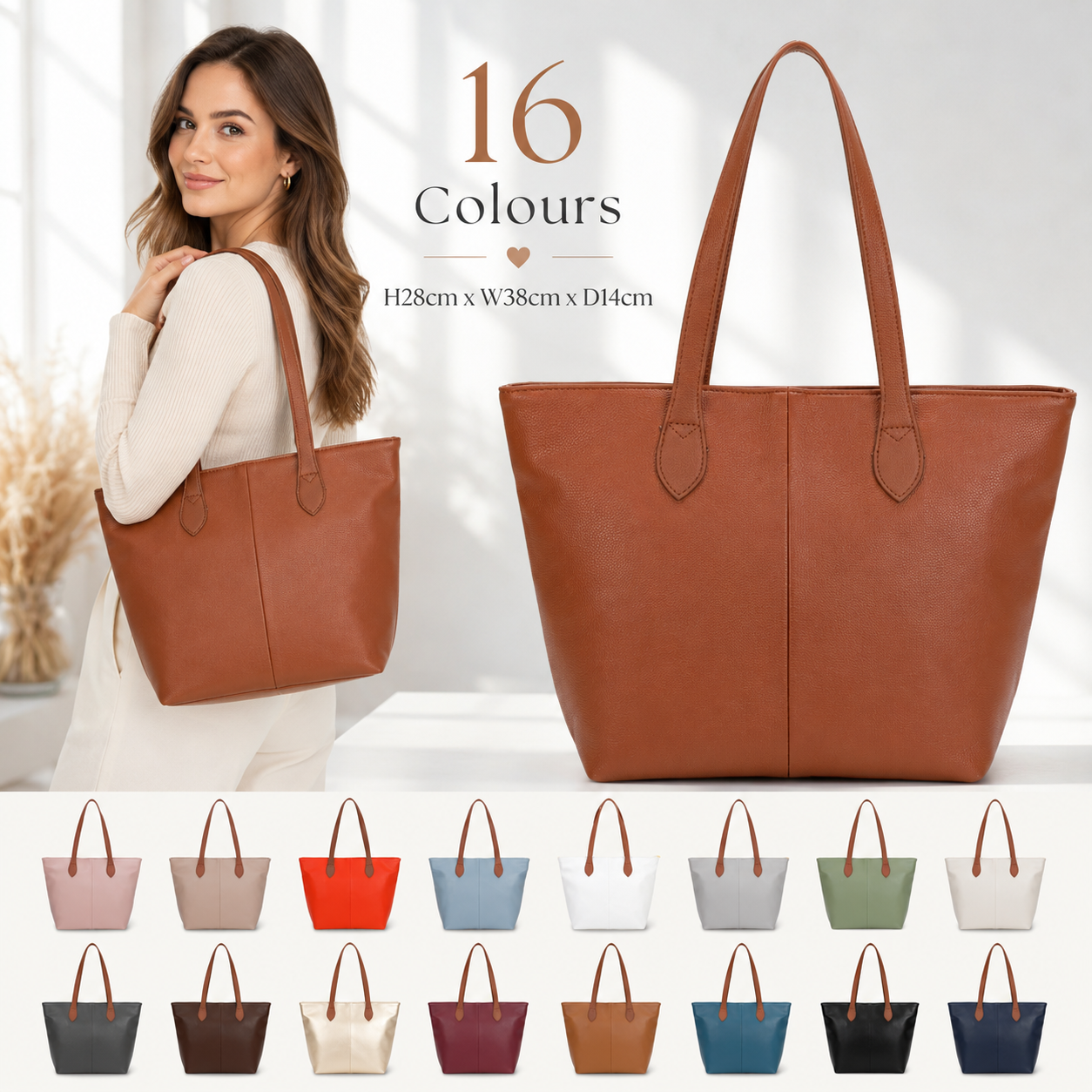 Women’s Large Tote Shoulder Bag Synthetic Handbag with Zip Top & Contrast Straps
