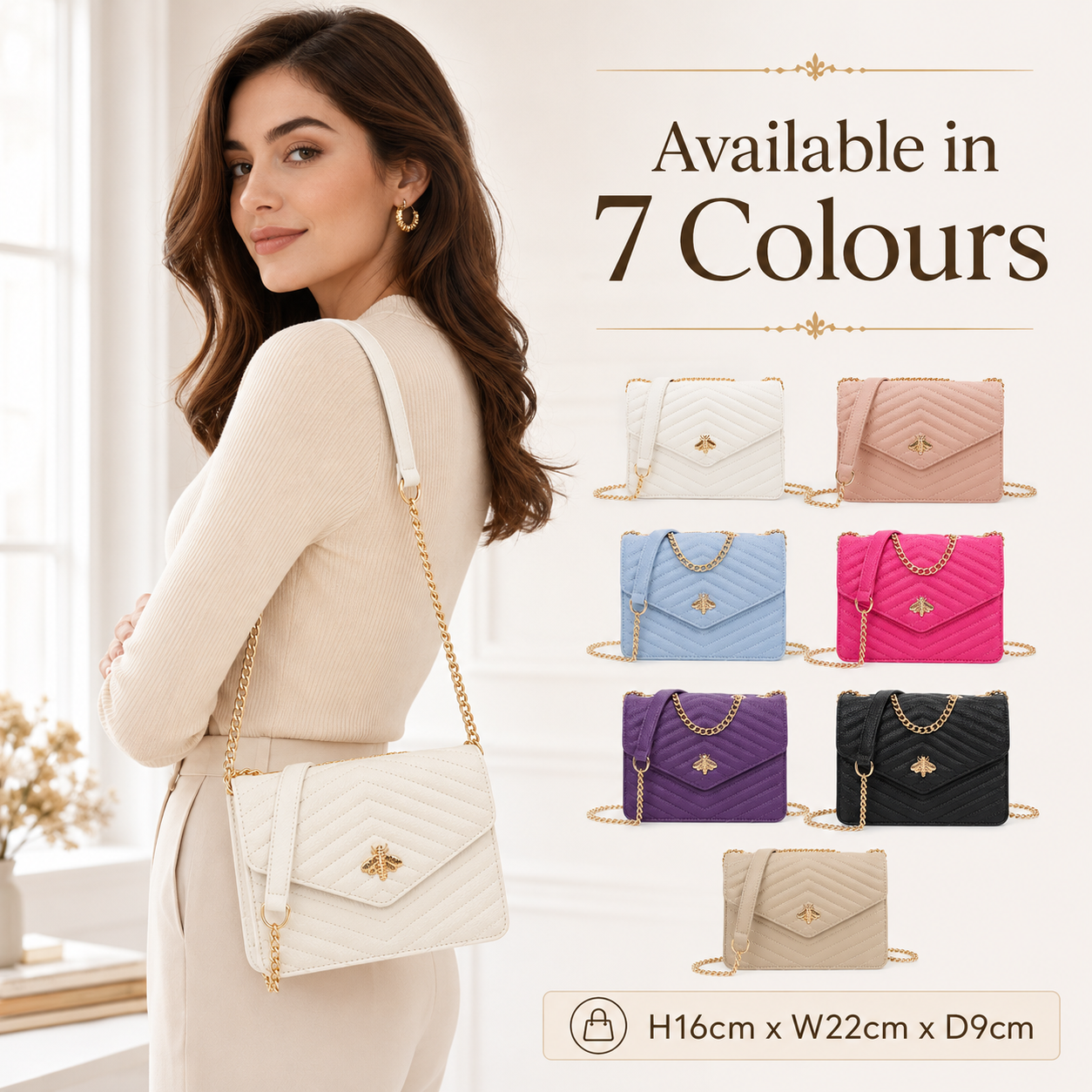 Women’s Quilted Crossbody Bag with Gold Bee Detail – Flap Over Shoulder Handbag with Half Chain Strap
