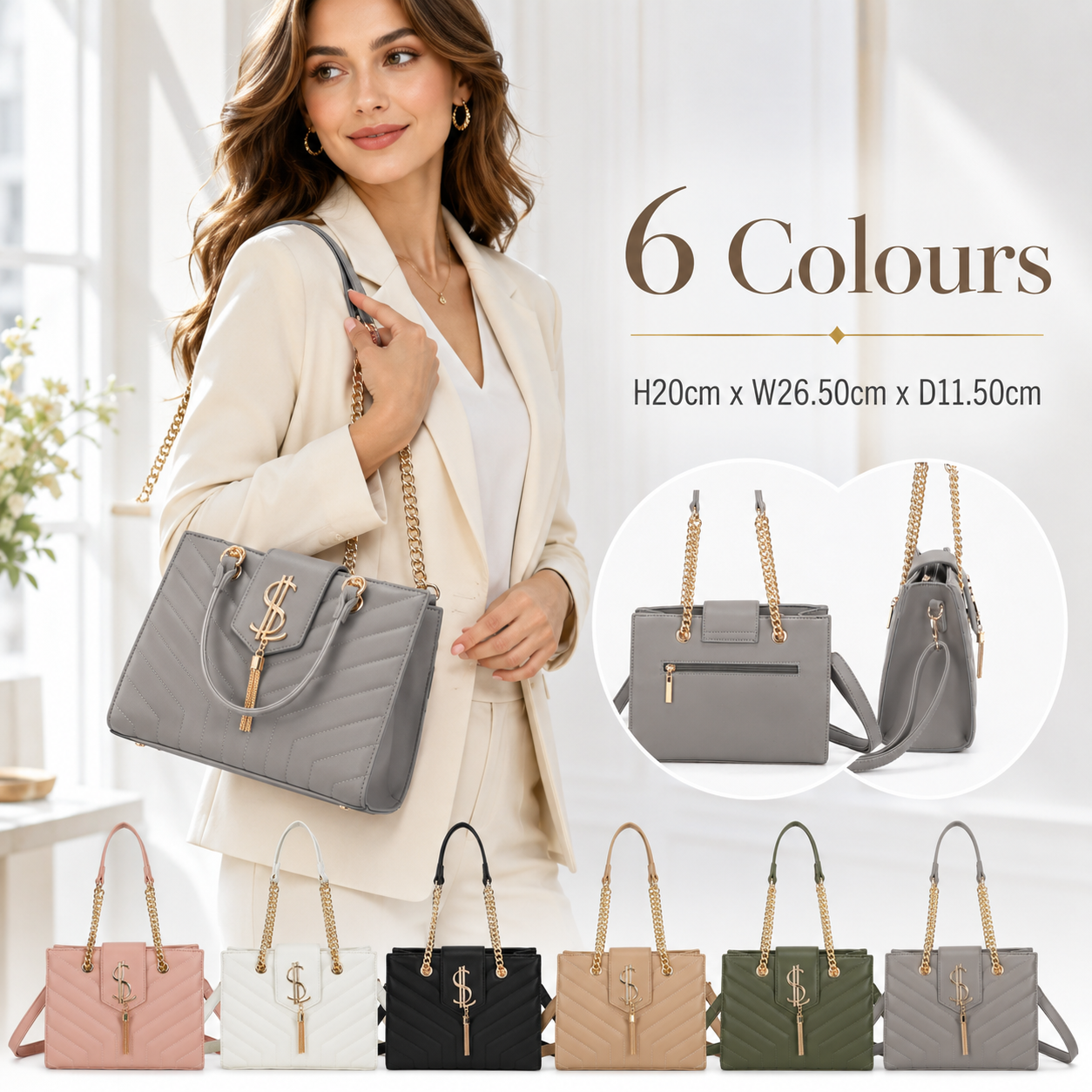 Women’s Quilted Shoulder Bag with Gold Chain Handles, Detachable Crossbody Strap