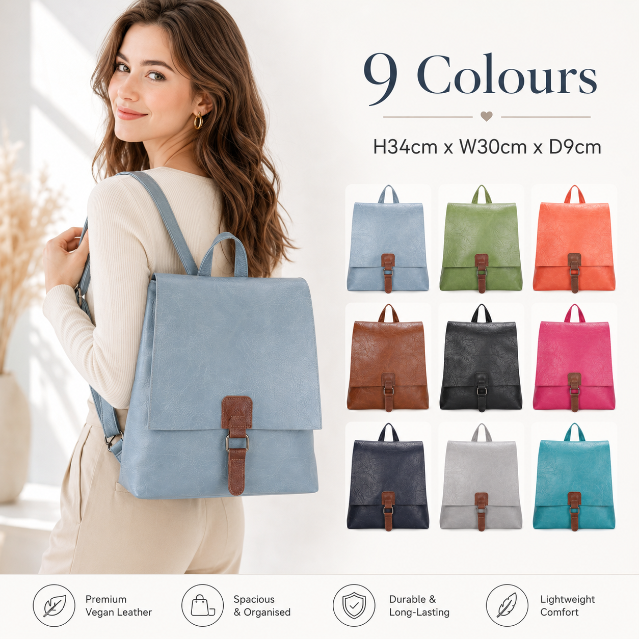 Women’s Faux Leather Backpack Bag – Ladies Flap Over Rucksack with Top Zip Closure