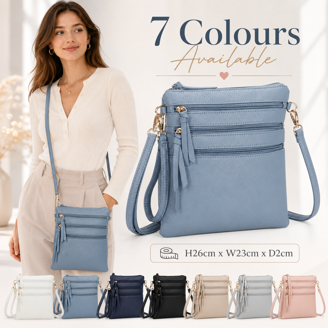 Women’s Multi Zip Crossbody Bag – Slim Synthetic Shoulder Bag with Adjustable Strap
