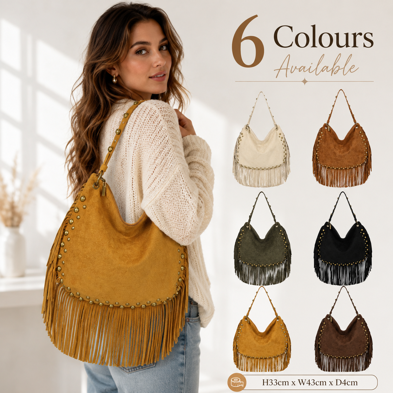 Women’s Suede Effect Studded Tassel Hobo Shoulder Bag – Boho Fringe Handbag with Top Zip Closuret
