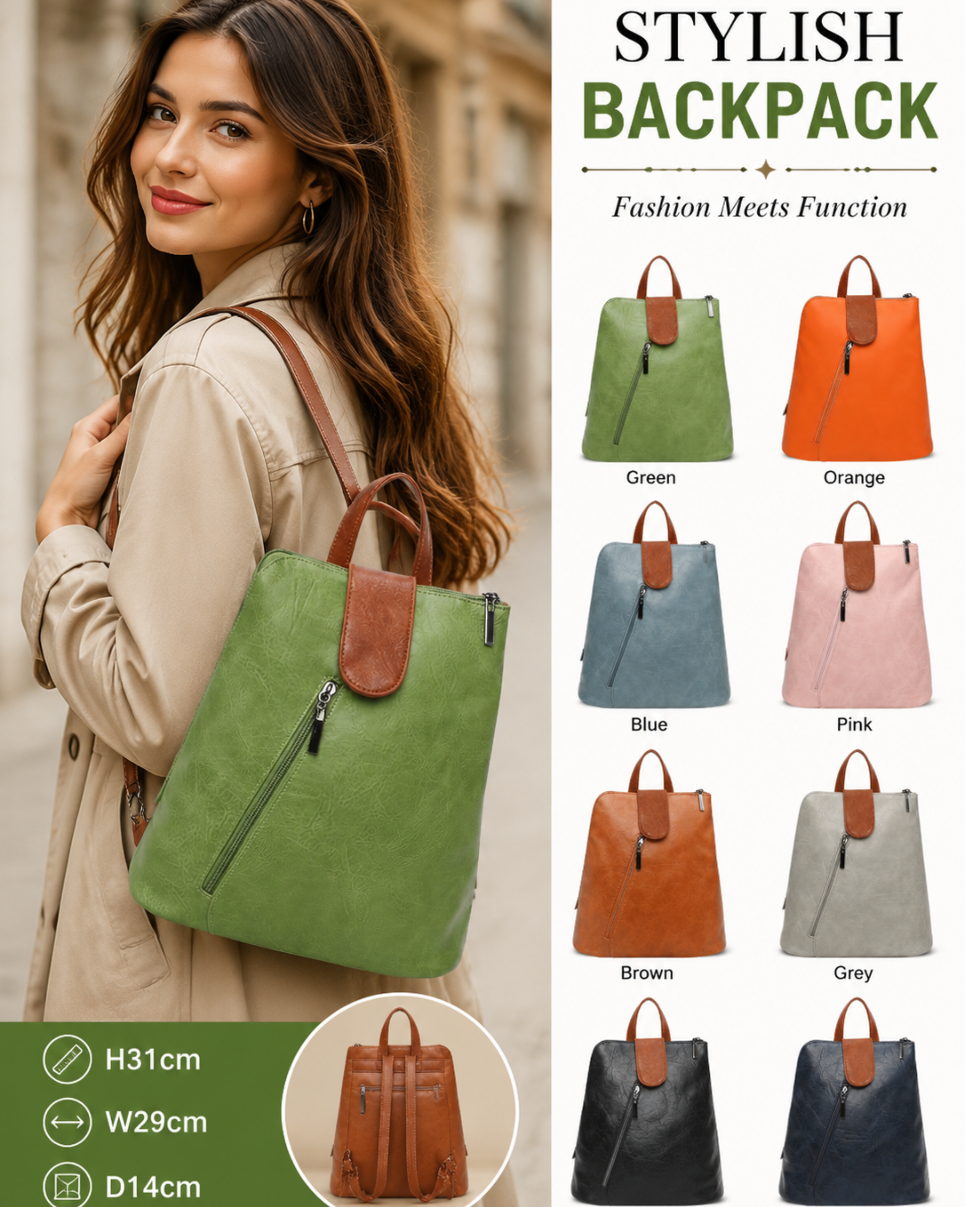 Women’s Synthetic Leather Backpack Handbag 2-in-1 Convertible Bag – Top Zip Closure, Multi-Pocket Travel Daypack with Adjustable Straps