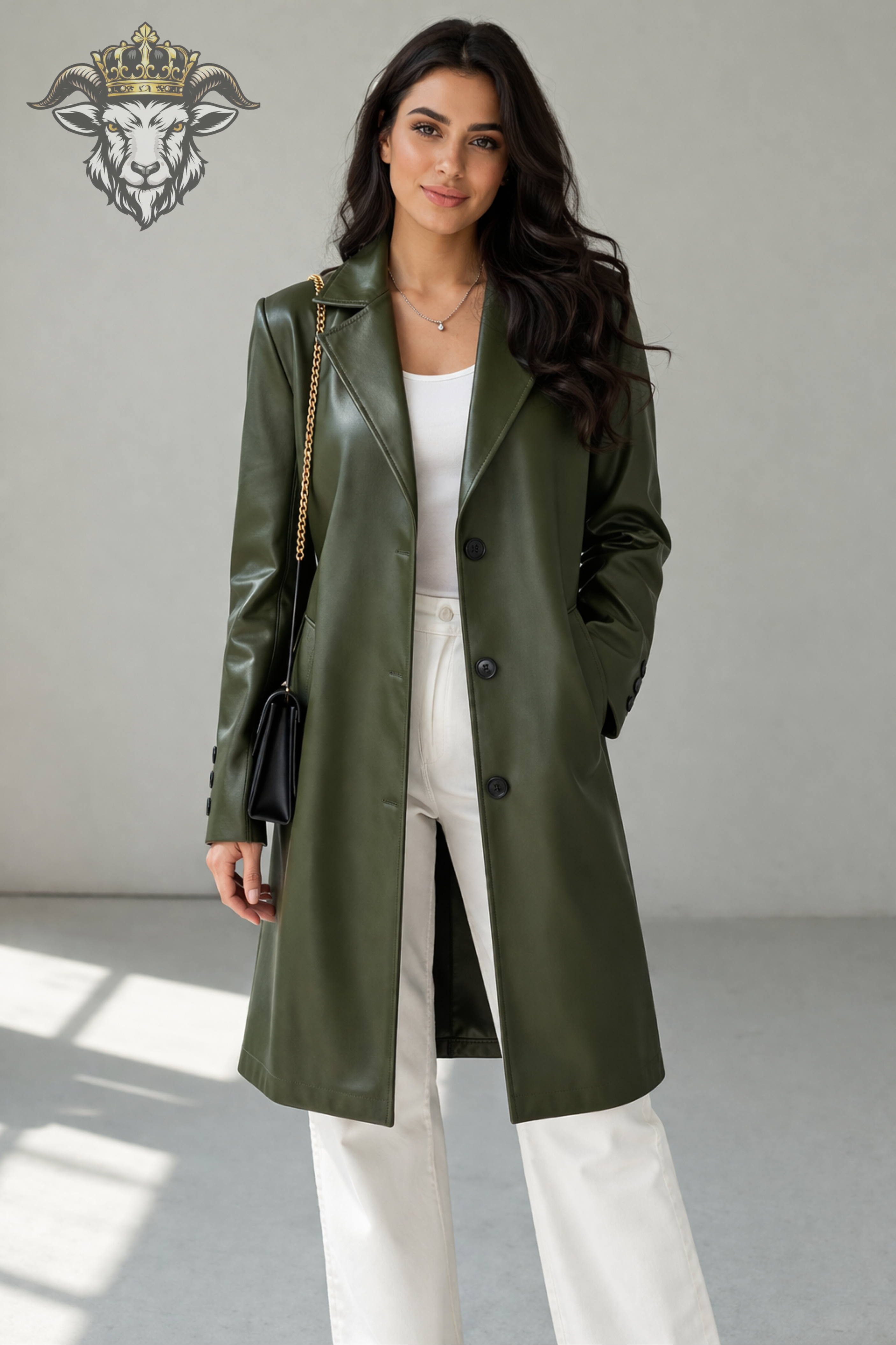 Women’s Green Real Leather Knee-Length Coat