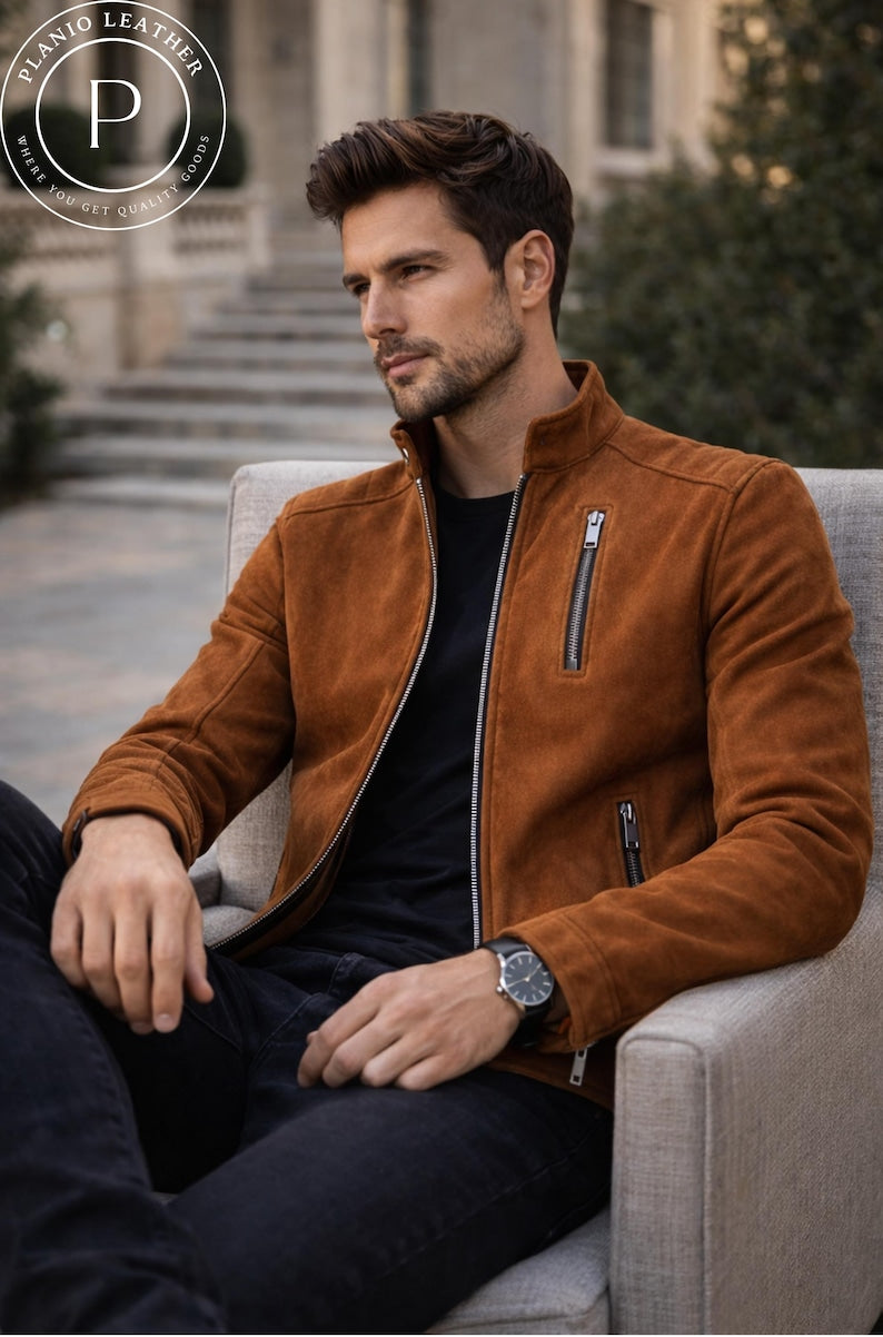 Men's Brown Suede Biker Jacket | Slim Fit Moto Style